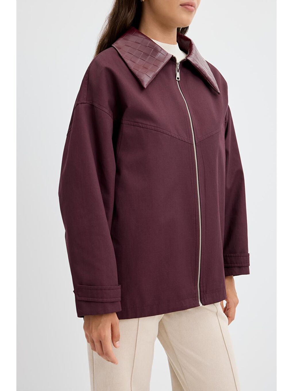 Fermuarlı Deri Yakalı Ceket Mürdüm-4