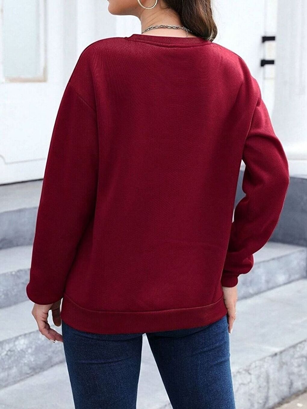 Kadın Bordo Düz Bol Kalıp Bisiklet Yaka Sweatshirt-1