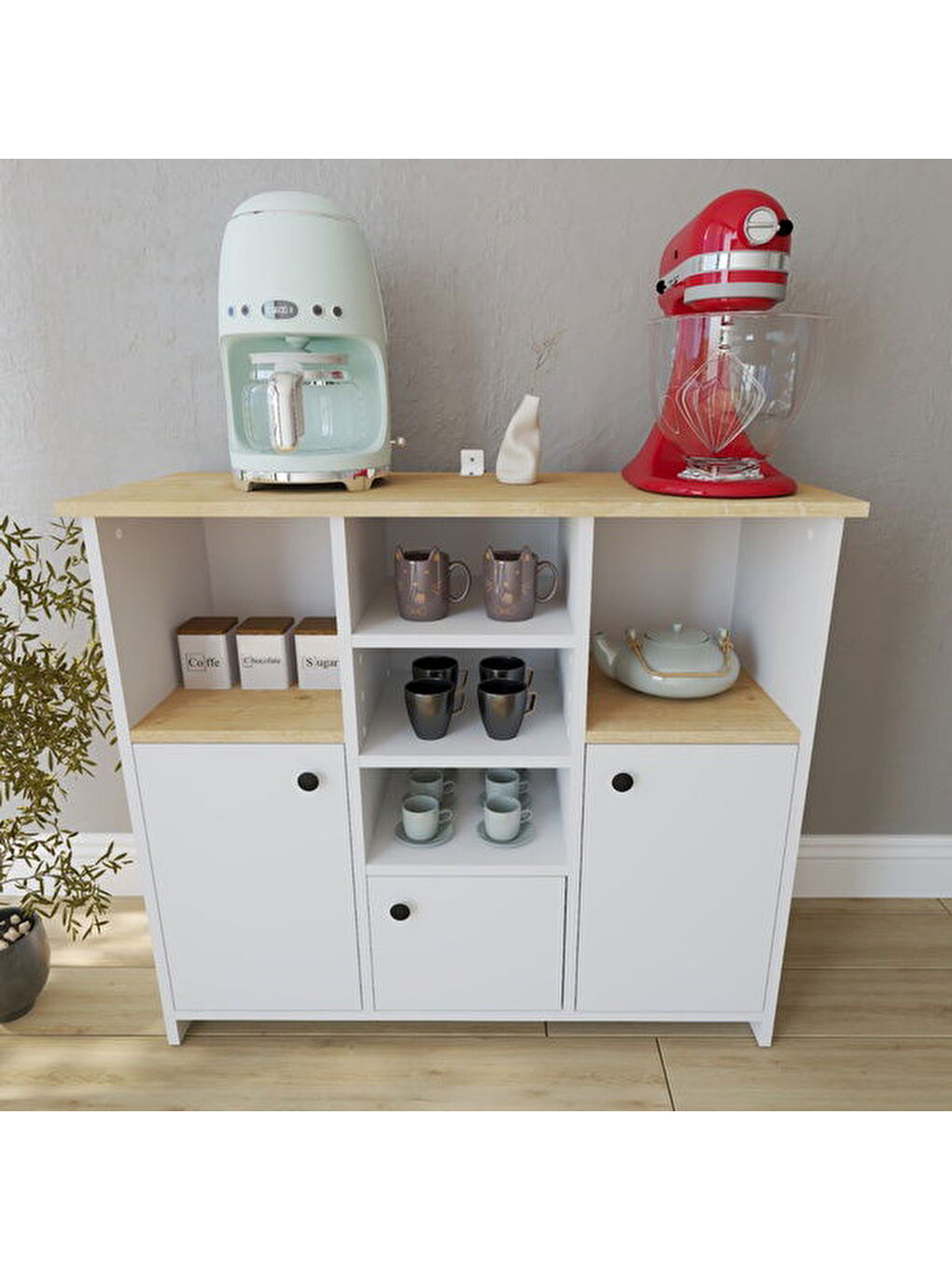 3 Kapak ve Raflı Çok Amaçlı Dolap - Beyaz / Safir Meşe - 87,5x40x101 cm