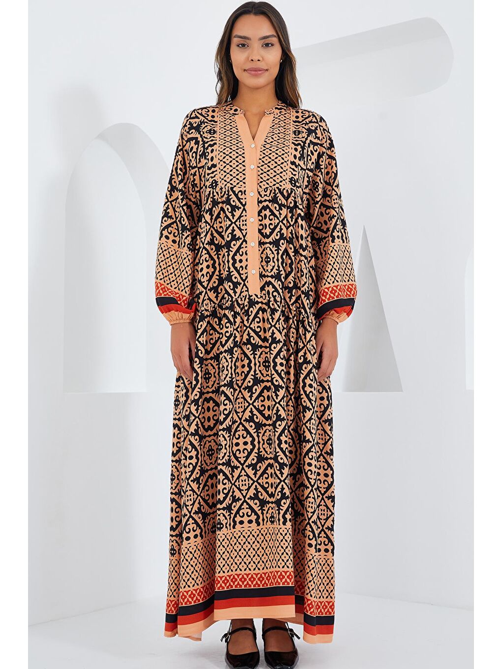 Kadın Bej Siyah Viskon Tesettür Elbise 2423-1