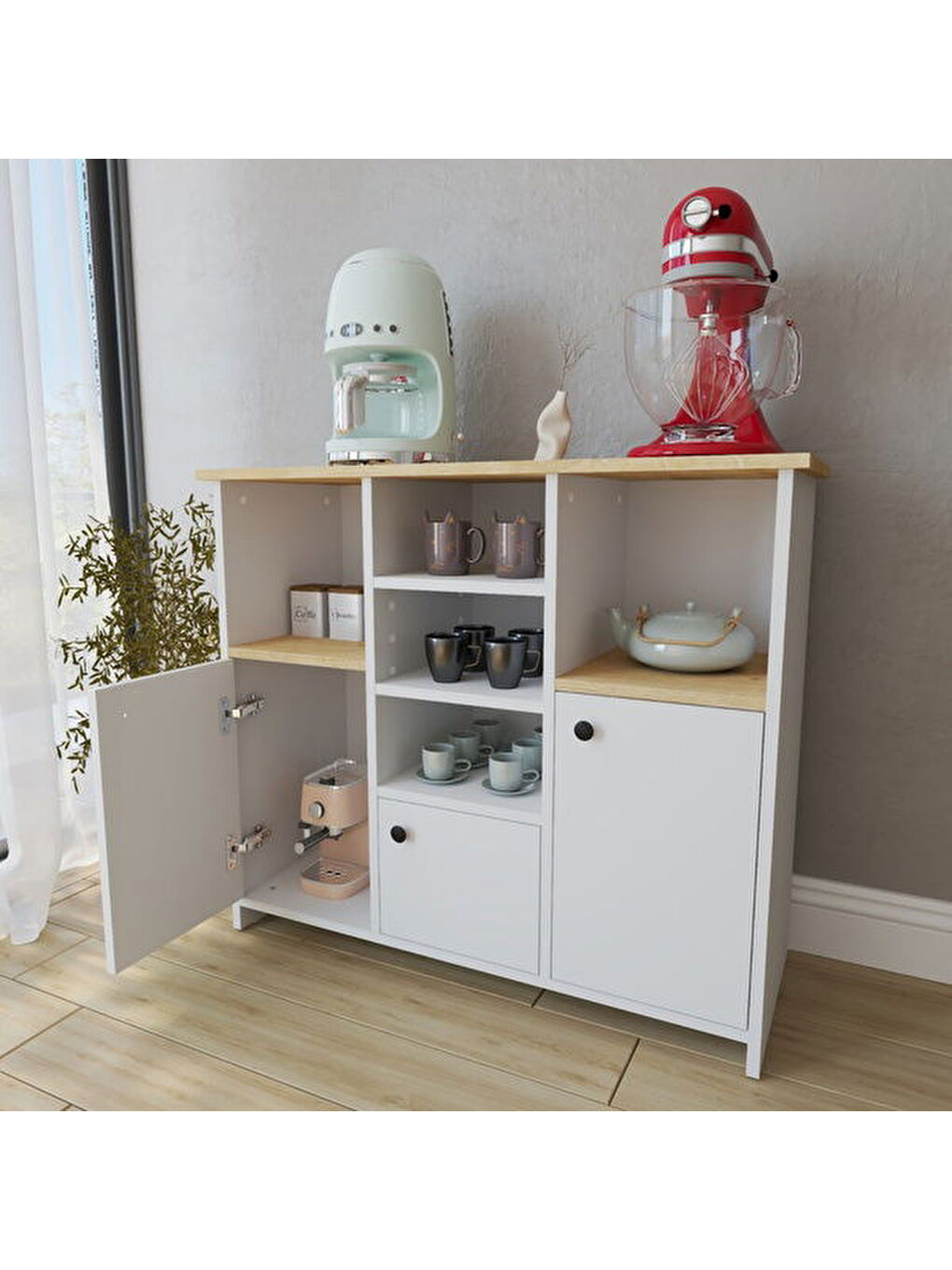 3 Kapak ve Raflı Çok Amaçlı Dolap - Beyaz / Safir Meşe - 87,5x40x101 cm-2