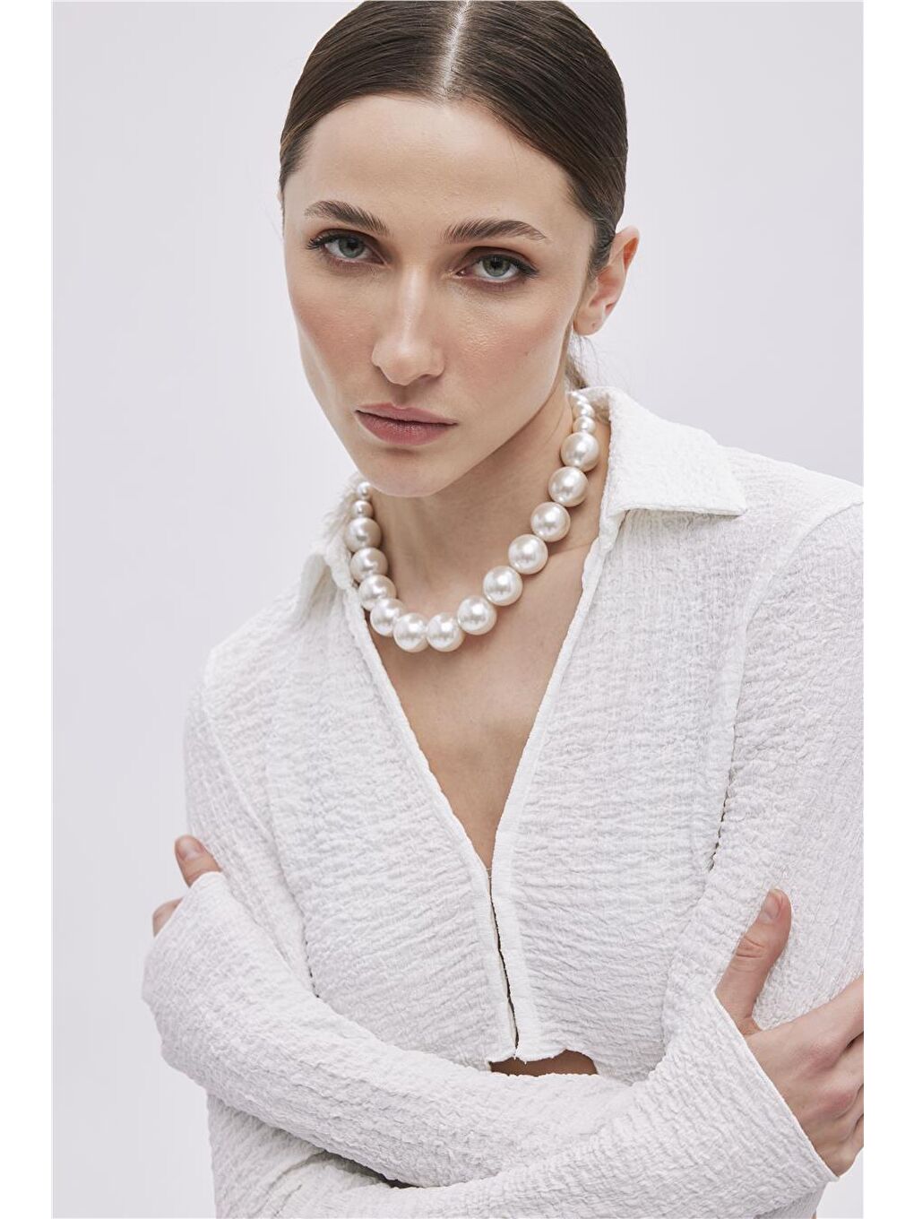 Ekru Asimetrik Kesim Crop Bluz