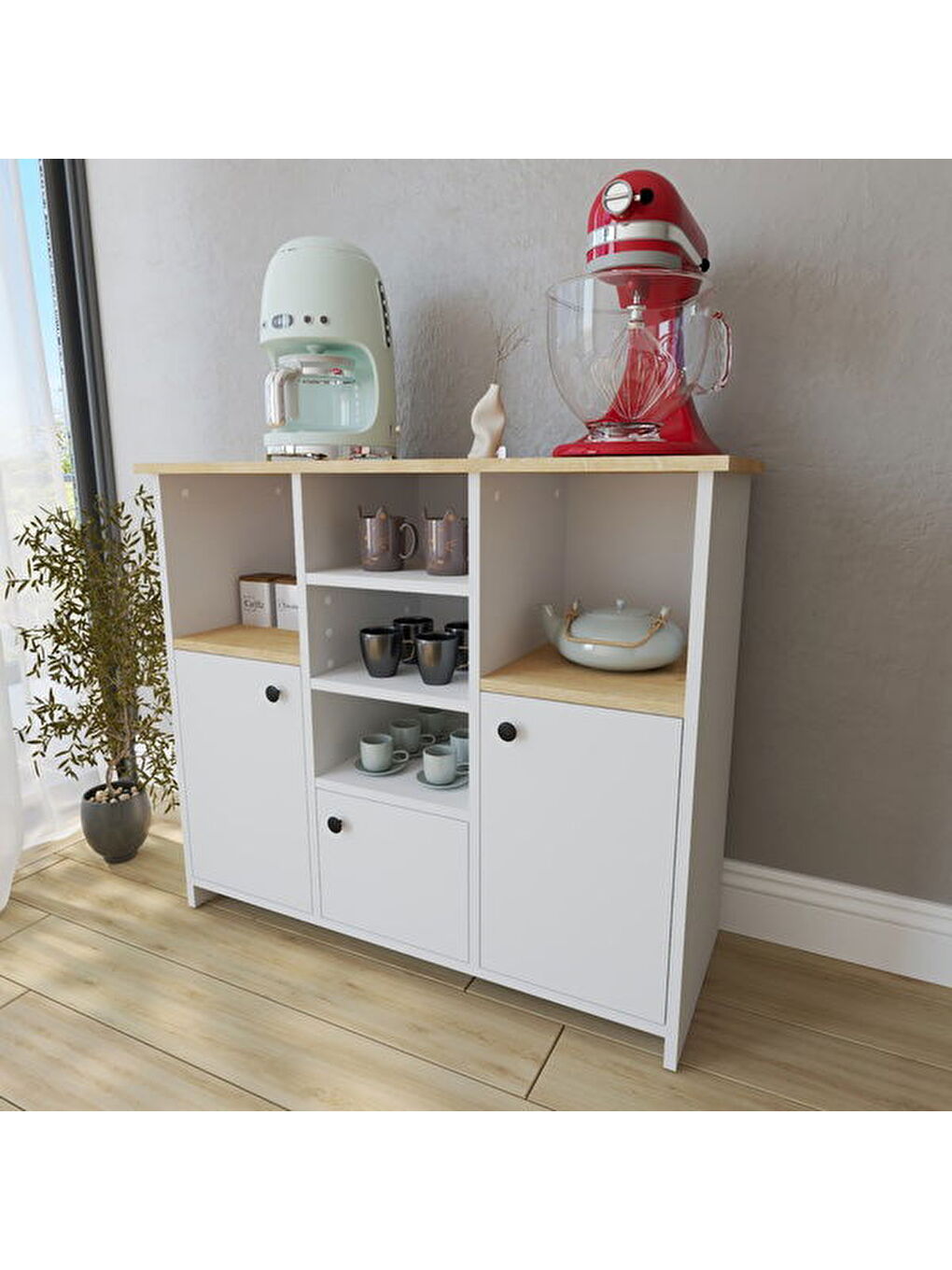 3 Kapak ve Raflı Çok Amaçlı Dolap - Beyaz / Safir Meşe - 87,5x40x101 cm-4