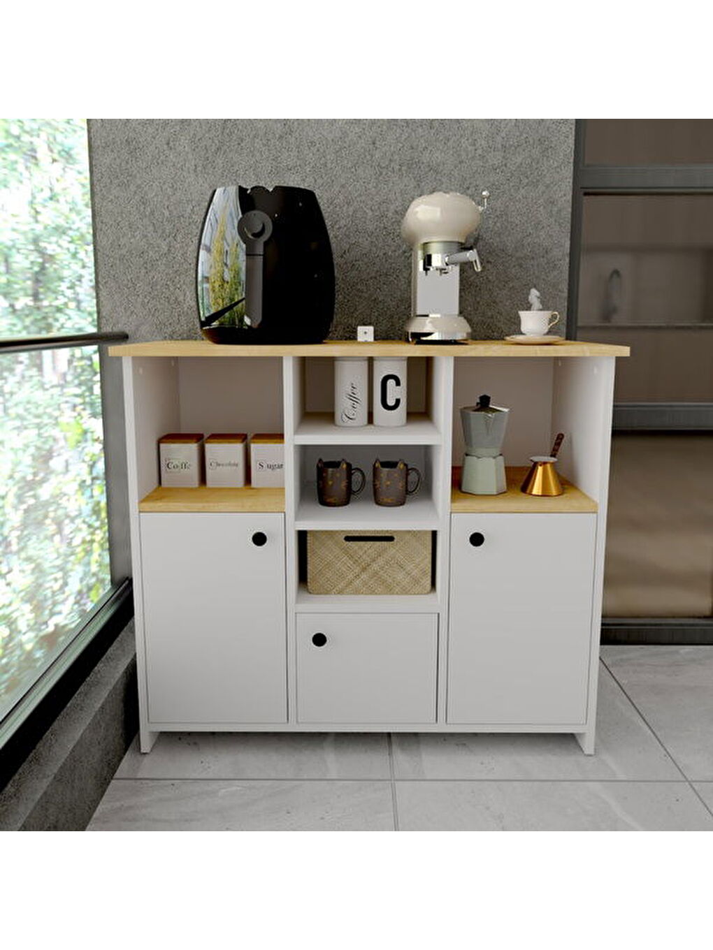 3 Kapak ve Raflı Çok Amaçlı Dolap - Beyaz / Safir Meşe - 87,5x40x101 cm-6