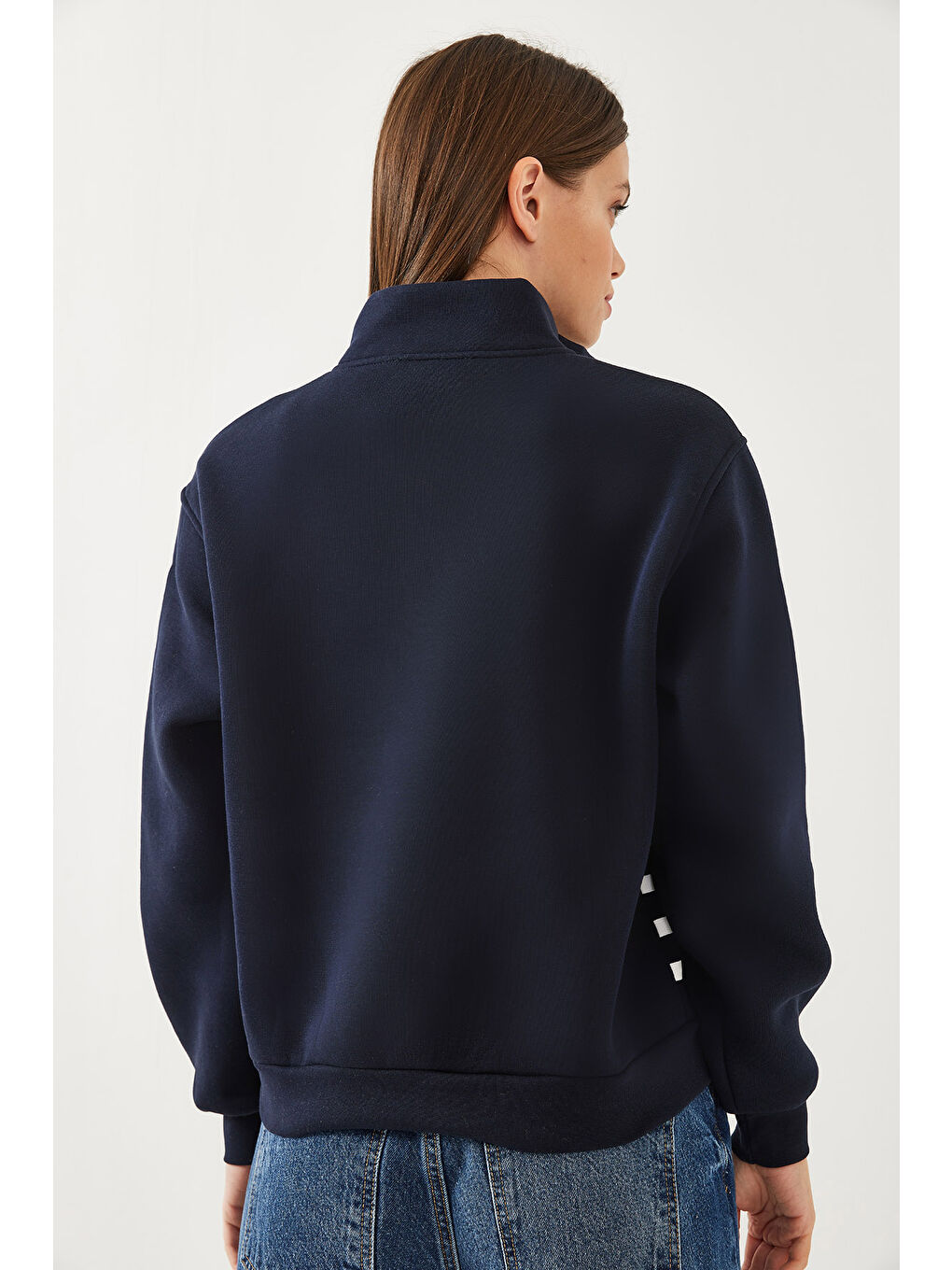 Lacivert Kadın Yarım Fermuarlı Çizgili Sweatshirt-2
