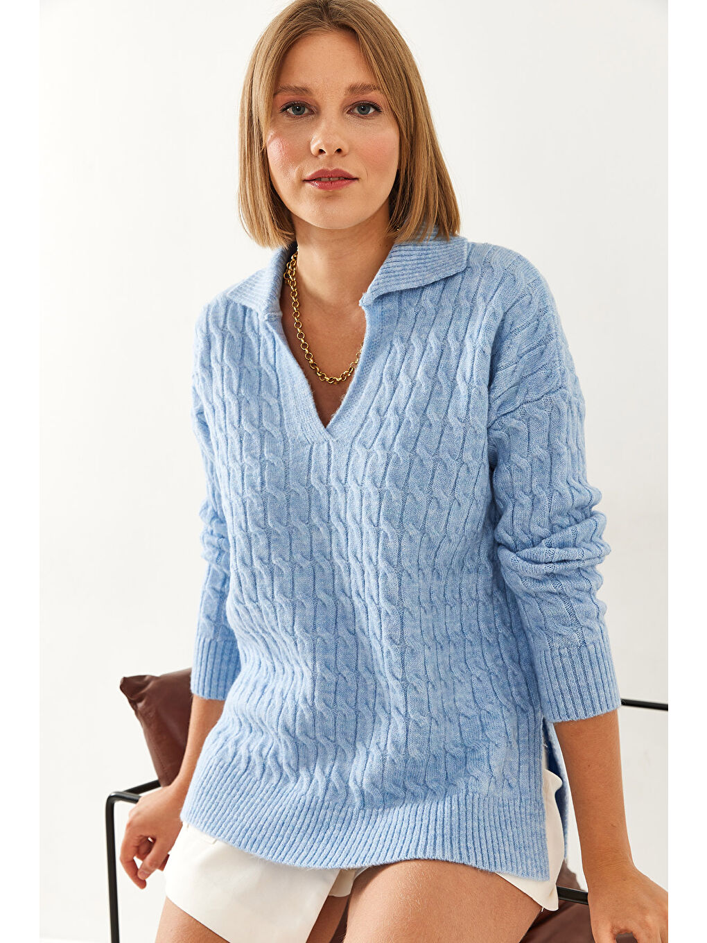 Mavi Kadın V Yaka Desenli Triko Kazak