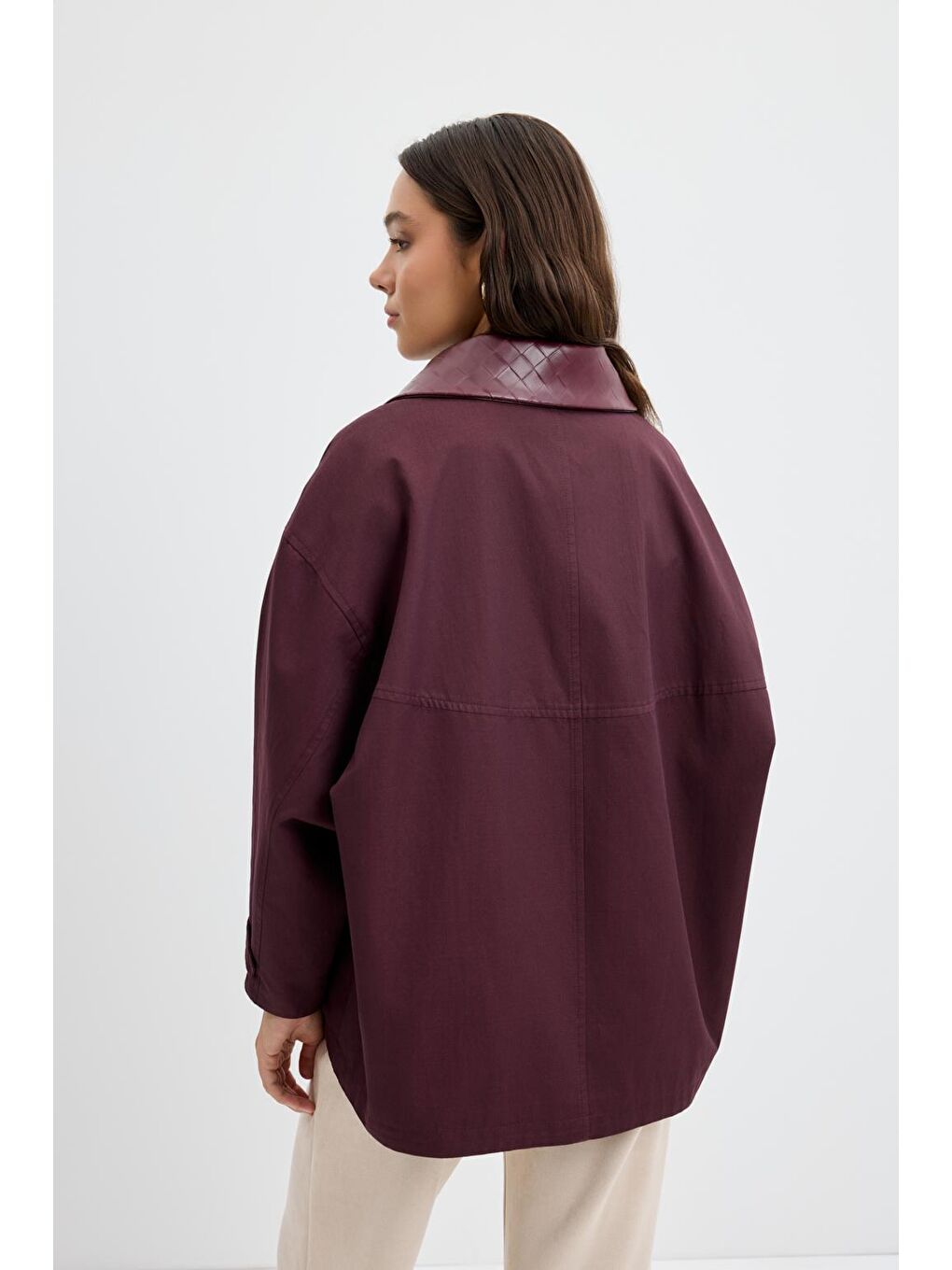 Fermuarlı Deri Yakalı Ceket Mürdüm-6