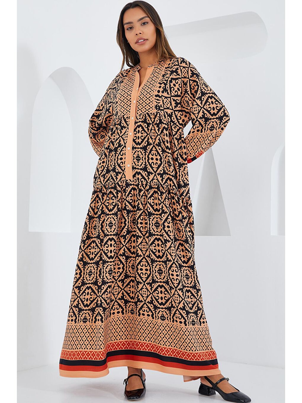 Kadın Bej Siyah Viskon Tesettür Elbise 2423-2