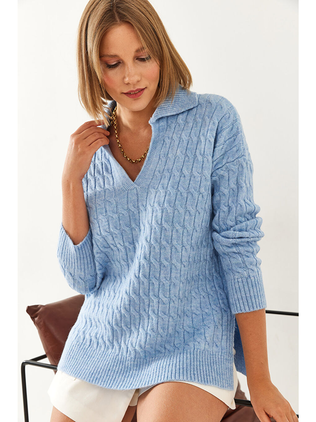 Mavi Kadın V Yaka Desenli Triko Kazak-3