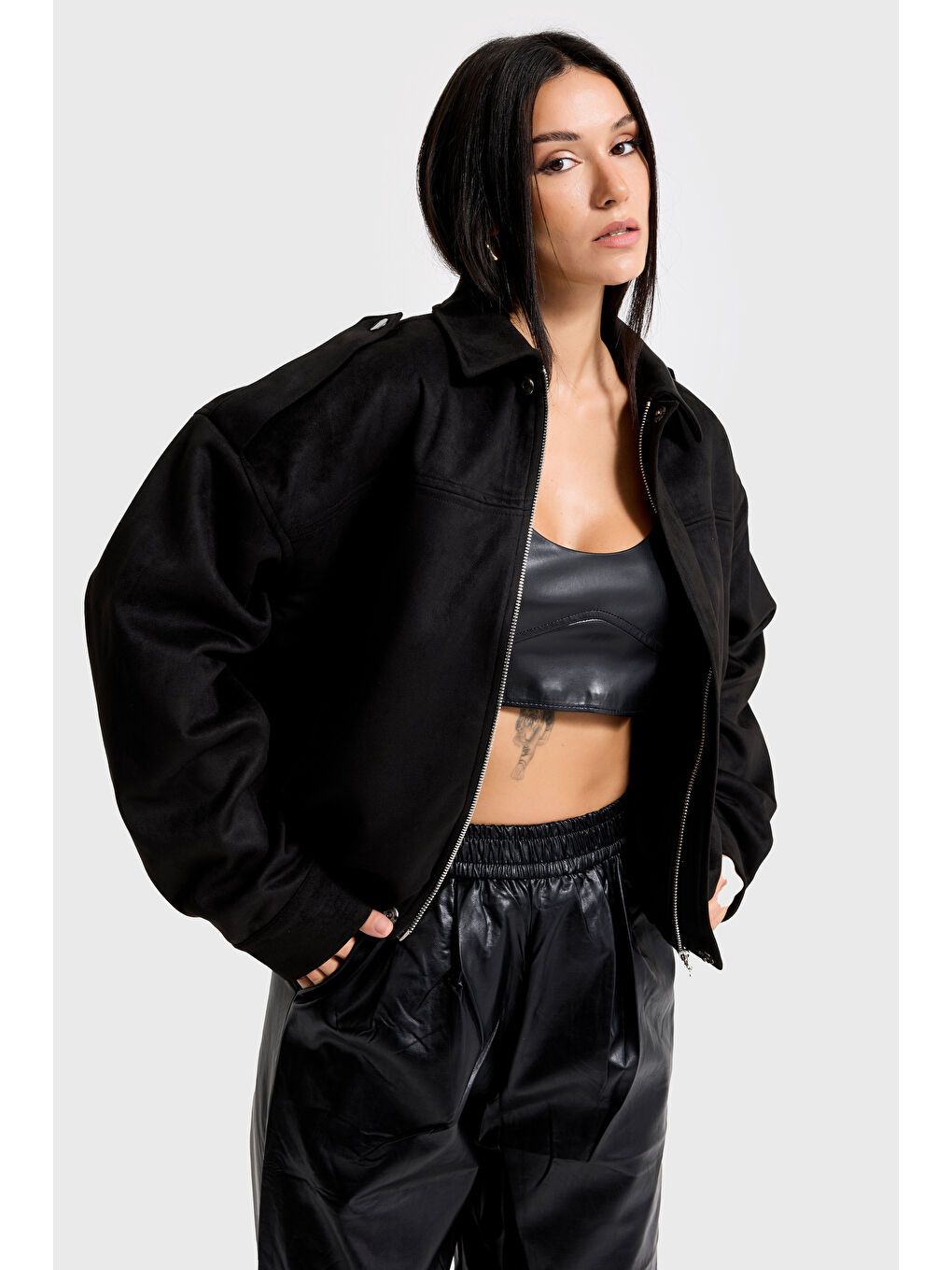 Kadın Siyah w5-1 Bomber Fit Bol Kesim Süet Kumaş Ceket-1