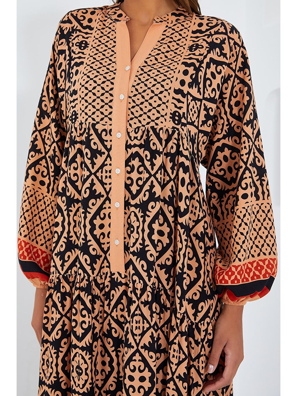 Kadın Bej Siyah Viskon Tesettür Elbise 2423-3