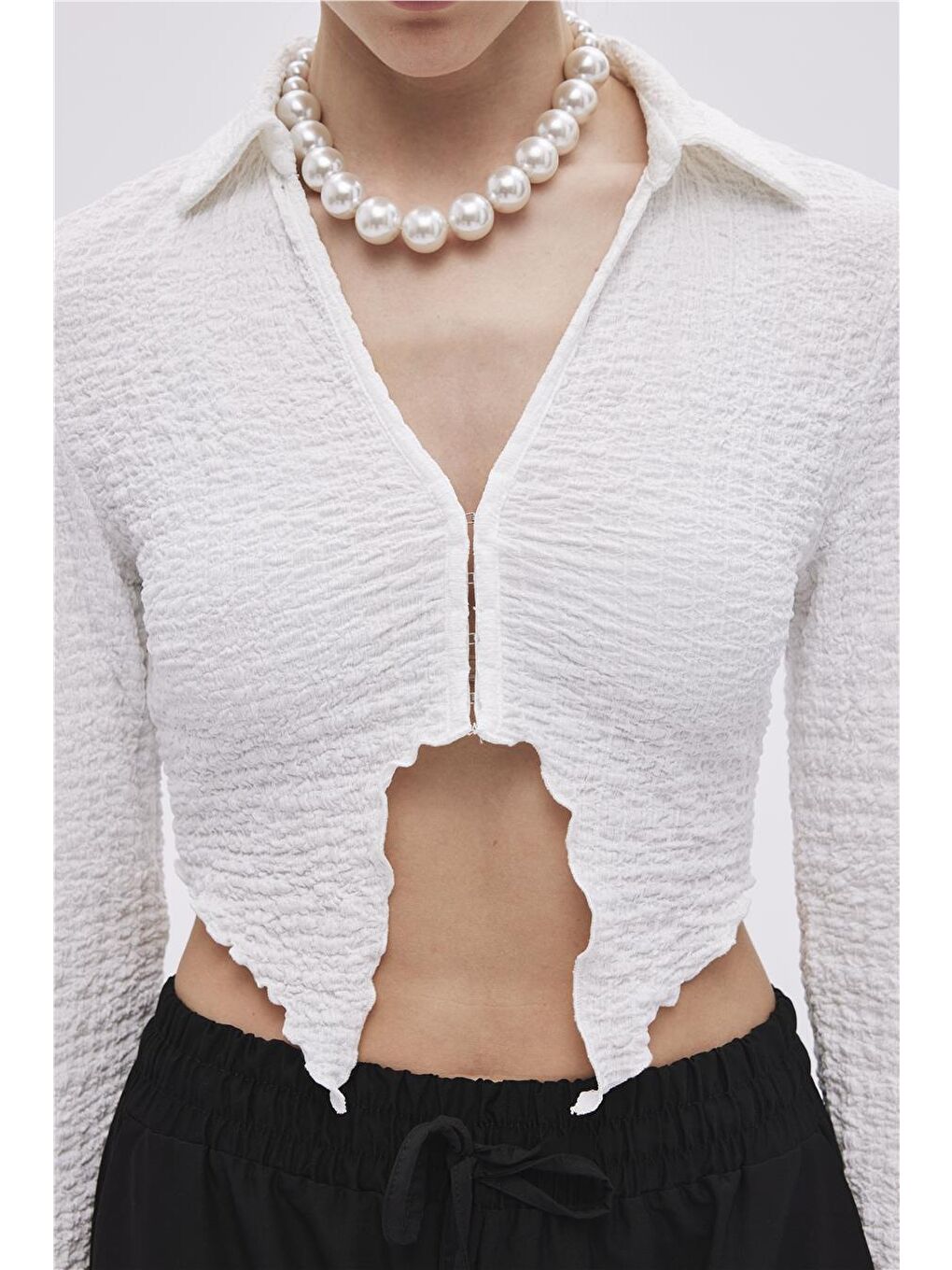 Ekru Asimetrik Kesim Crop Bluz-4