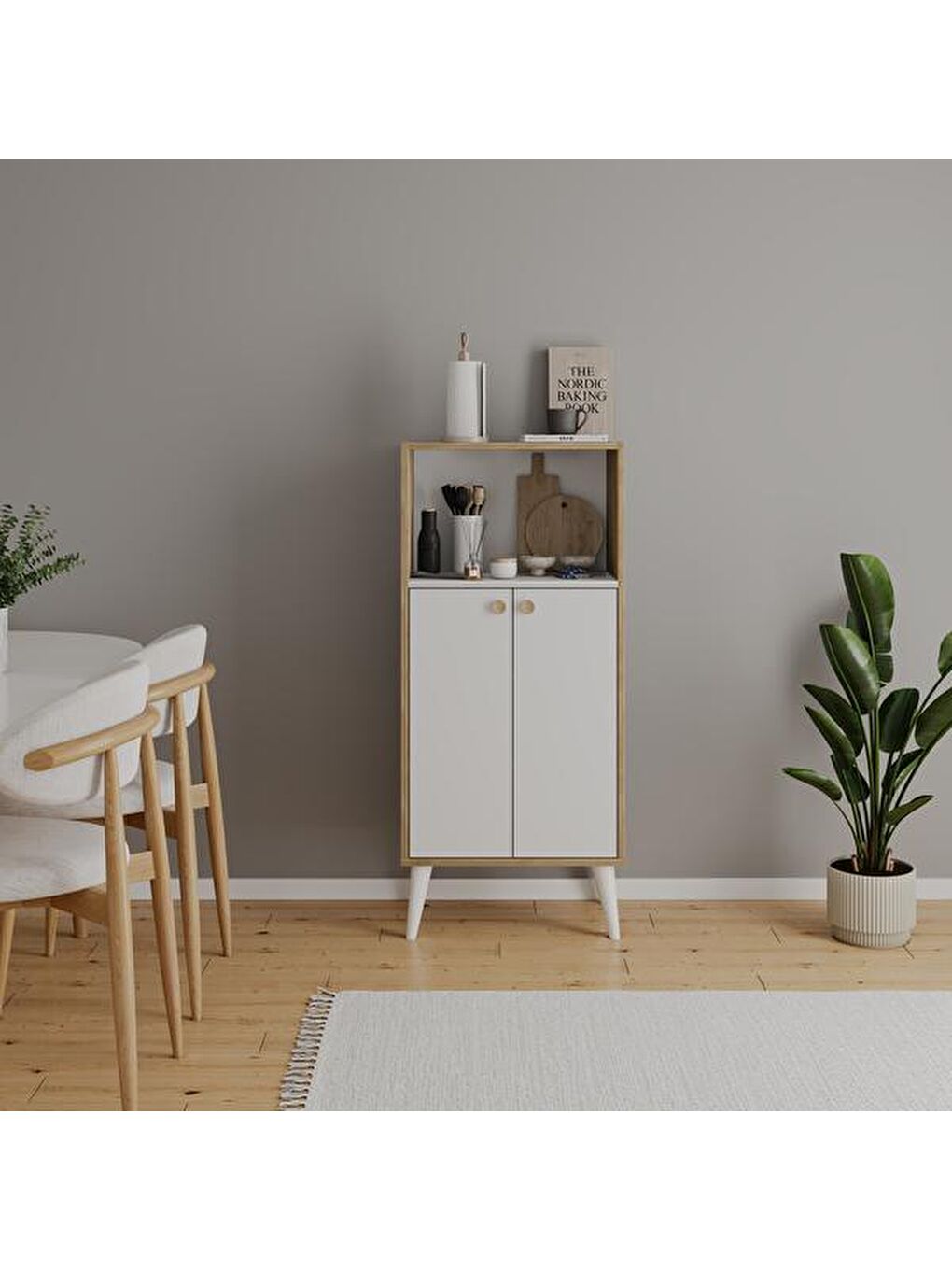 Kahverengi 2 Kapaklı Raflı Çok Amaçlı Dolap - Safir Meşe / Beyaz - 123x35x56 cm
