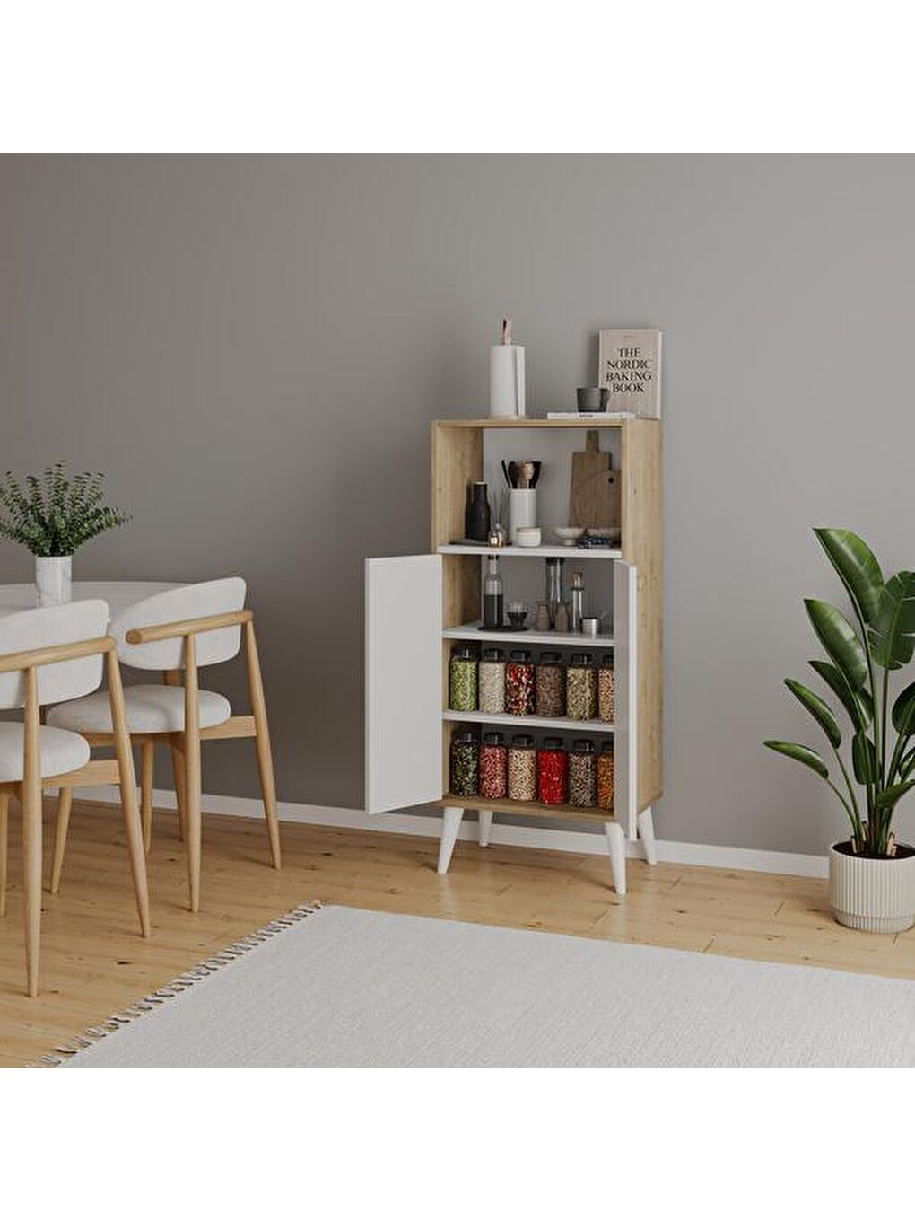 Kahverengi 2 Kapaklı Raflı Çok Amaçlı Dolap - Safir Meşe / Beyaz - 123x35x56 cm-1