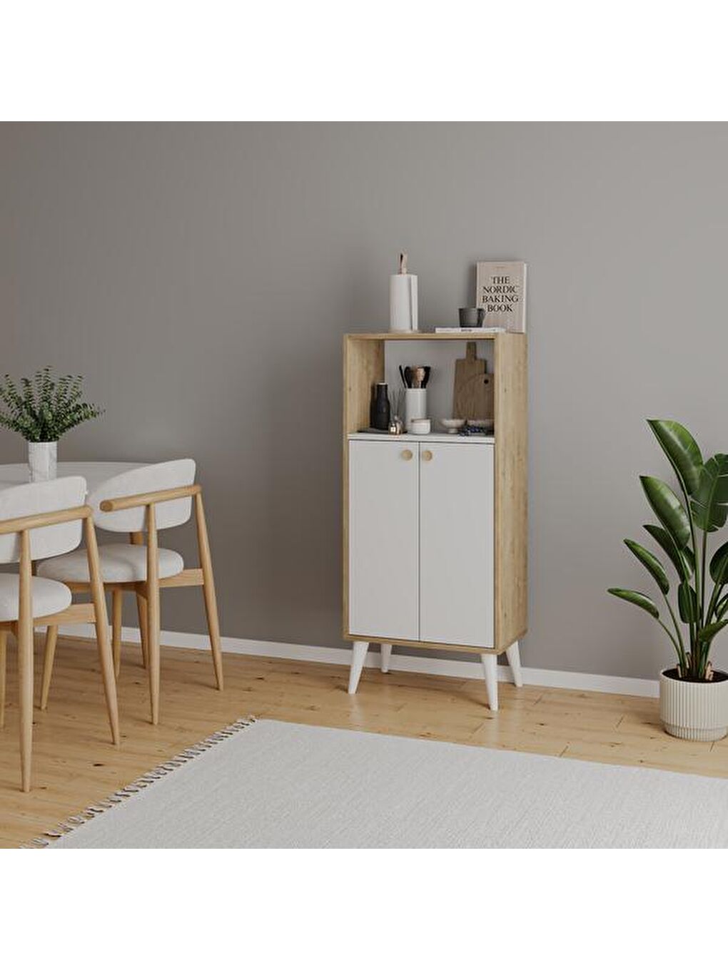 Kahverengi 2 Kapaklı Raflı Çok Amaçlı Dolap - Safir Meşe / Beyaz - 123x35x56 cm-3