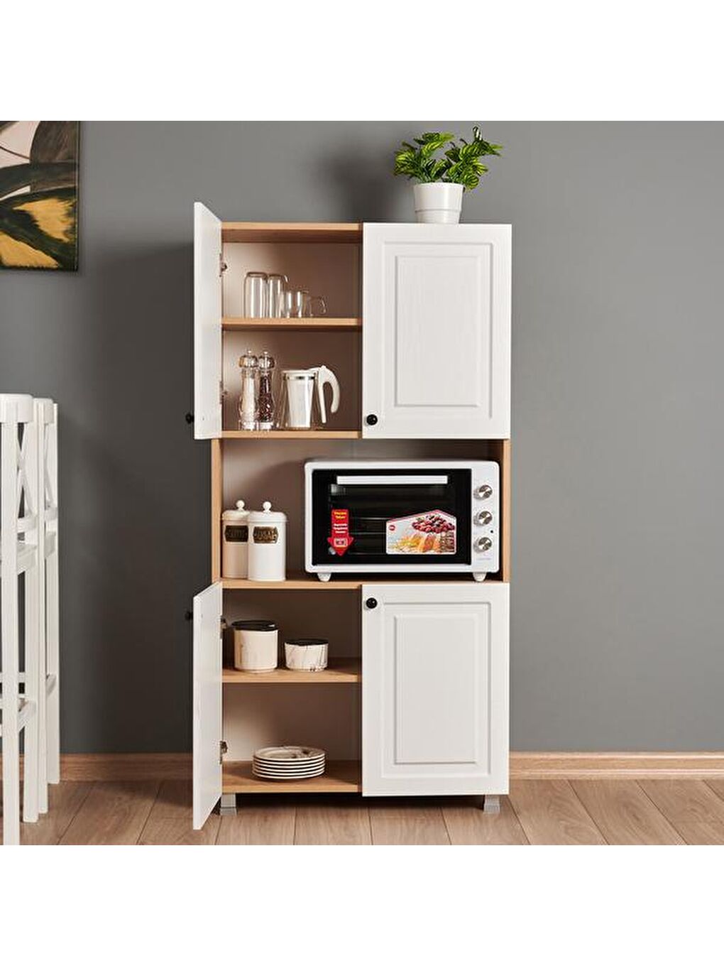 Kahverengi Ares 4 Kapaklı Orta Bölmeli Çok Amaçlı Dolap - Safir Meşe / Beyaz-4