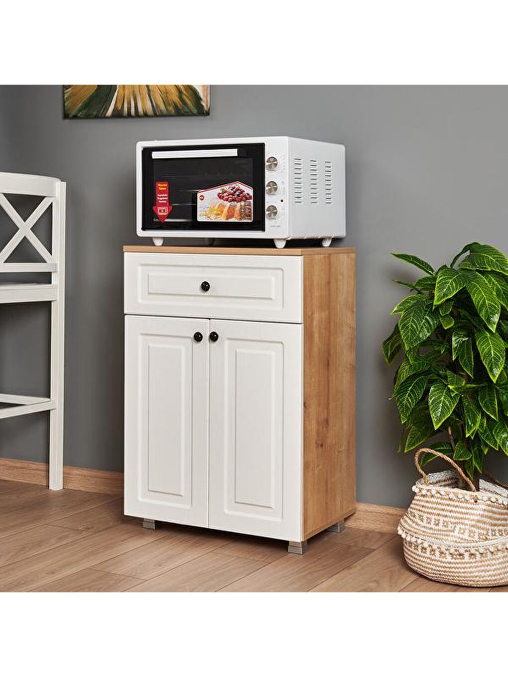 Kahverengi Ares 2 Kapak ve Çekmeceli Çok Amaçlı Dolap - Safir Meşe / Beyaz-4