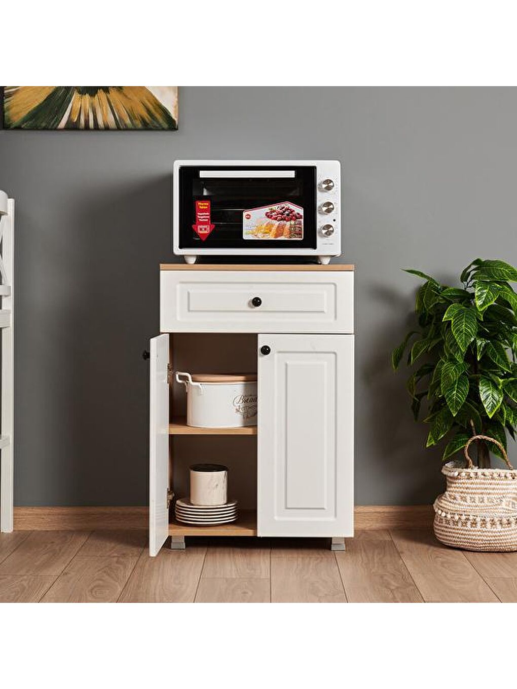 Kahverengi Ares 2 Kapak ve Çekmeceli Çok Amaçlı Dolap - Safir Meşe / Beyaz-7