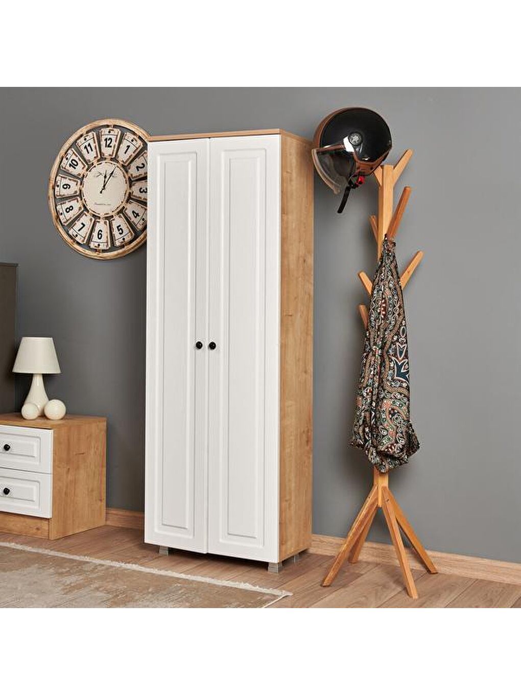 Kahverengi Ares 2 Kapak ve 8 Raflı Çok Amaçlı Dolap - Safir Meşe / Beyaz-6