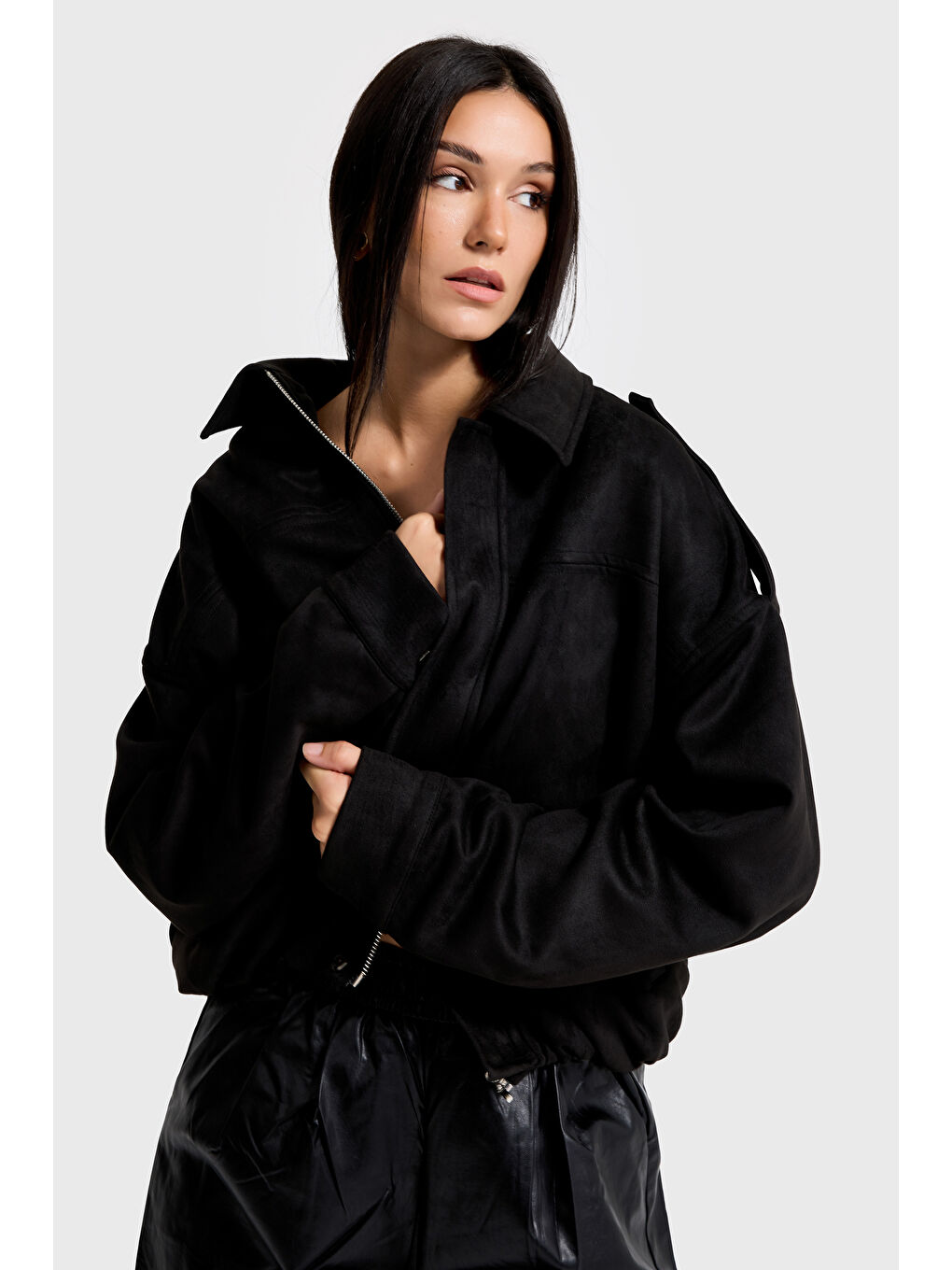 Kadın Siyah w5-1 Bomber Fit Bol Kesim Süet Kumaş Ceket-5