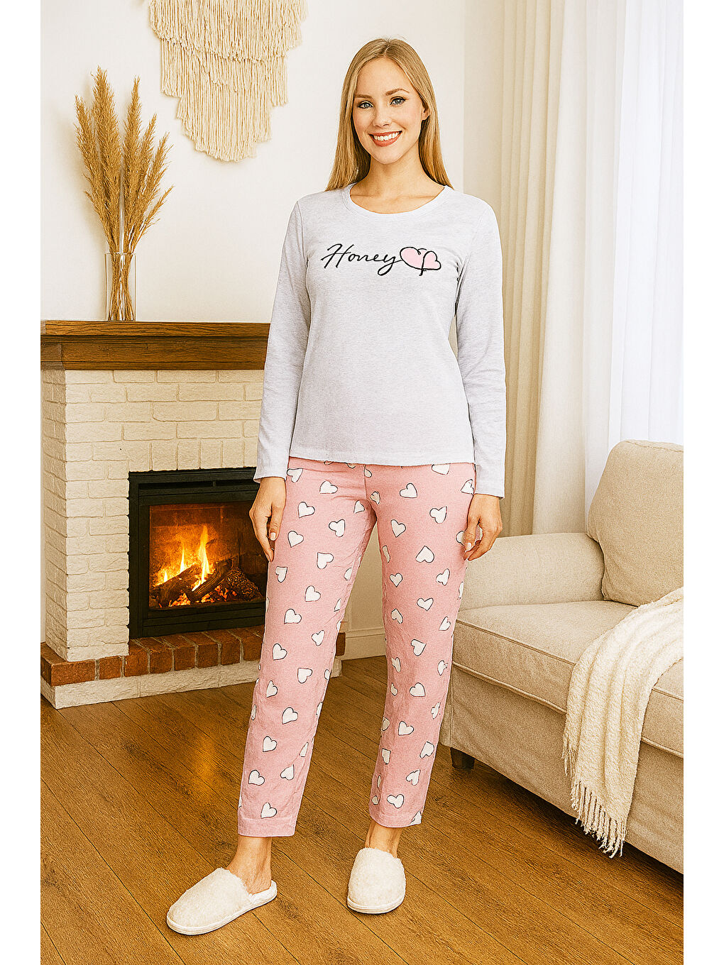 Kadın Kalp Desen Suprem Pijama Takımı 0455 Gri02