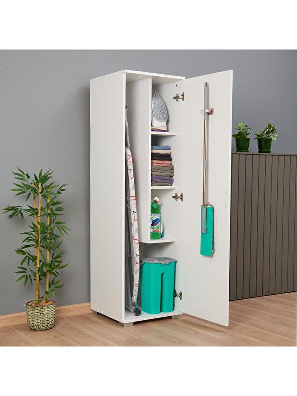 Çok Amaçlı Temizlik ve Ütü Masası Dolabı - Beyaz