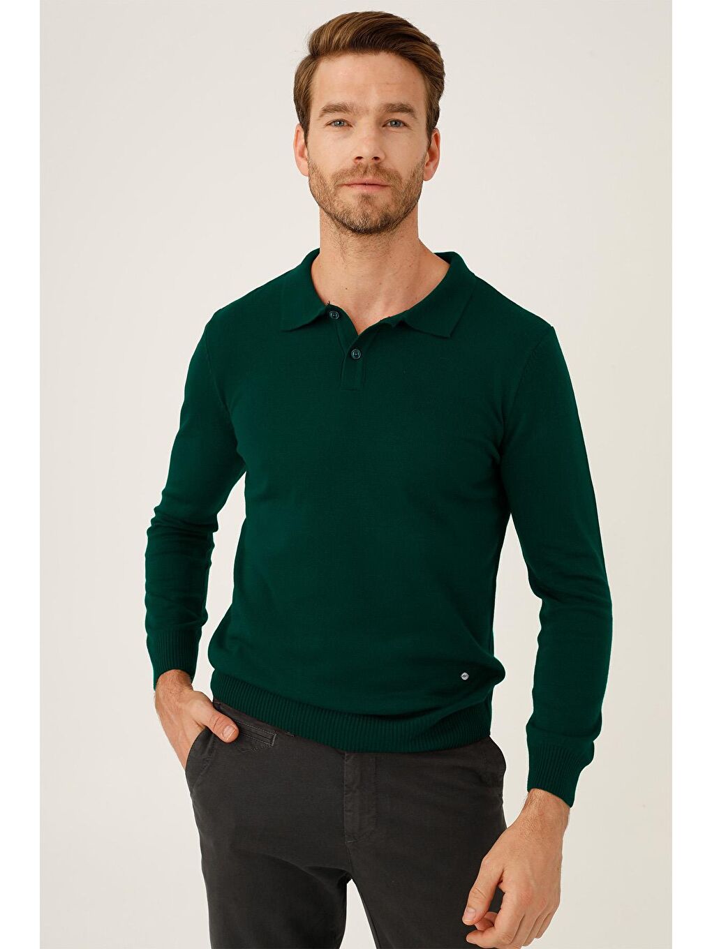 Yeşil Petrol Dar Kalıp Polo Yaka Düz Uzun Kollu Triko