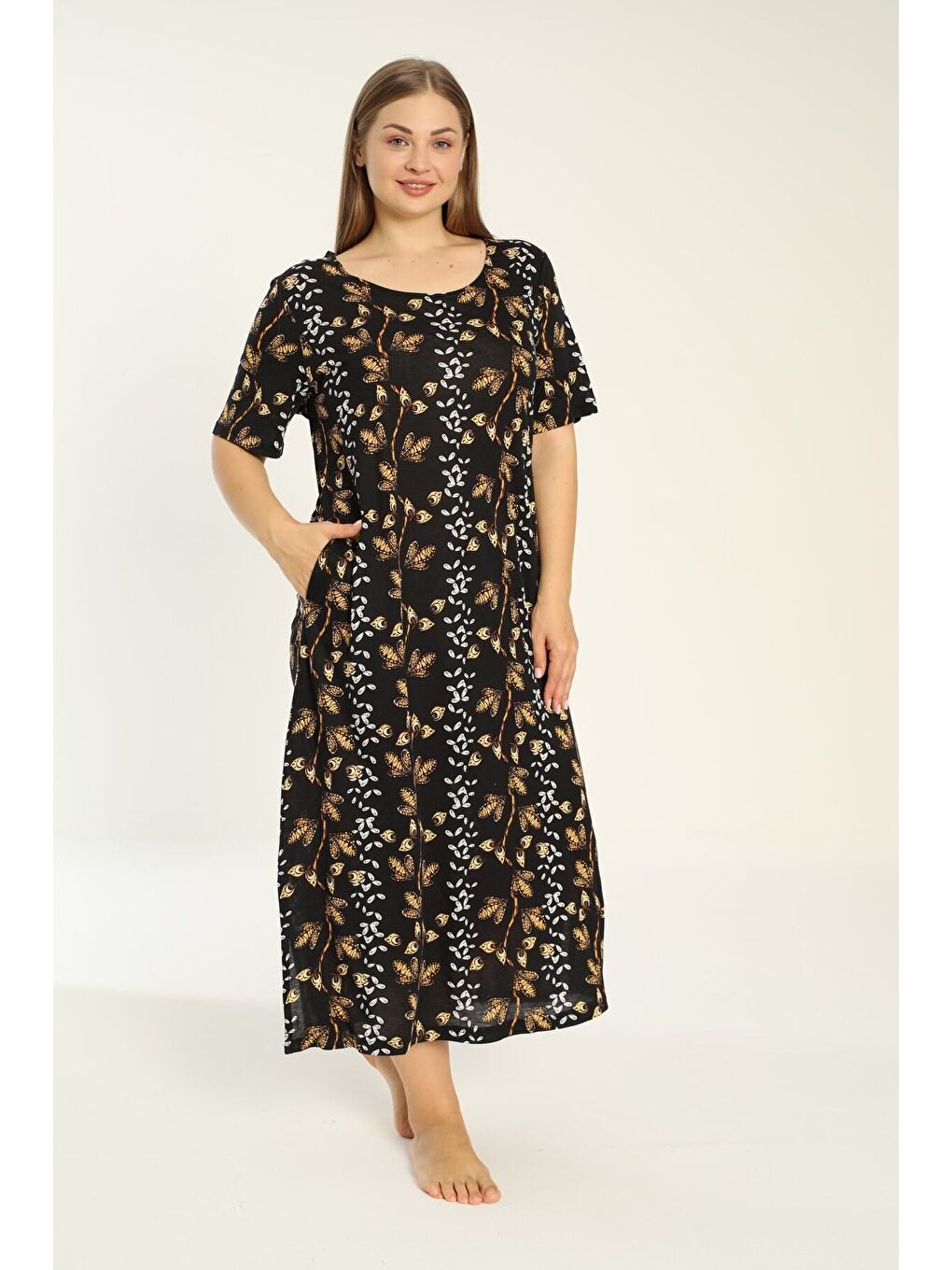 Siyah Desenli Cepli Kısa Kollu Kadın Büyük Beden Elbise-1