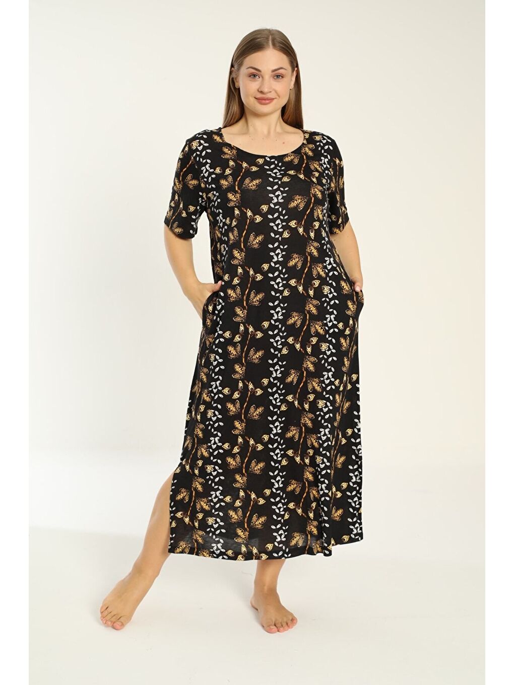 Siyah Desenli Cepli Kısa Kollu Kadın Büyük Beden Elbise-2