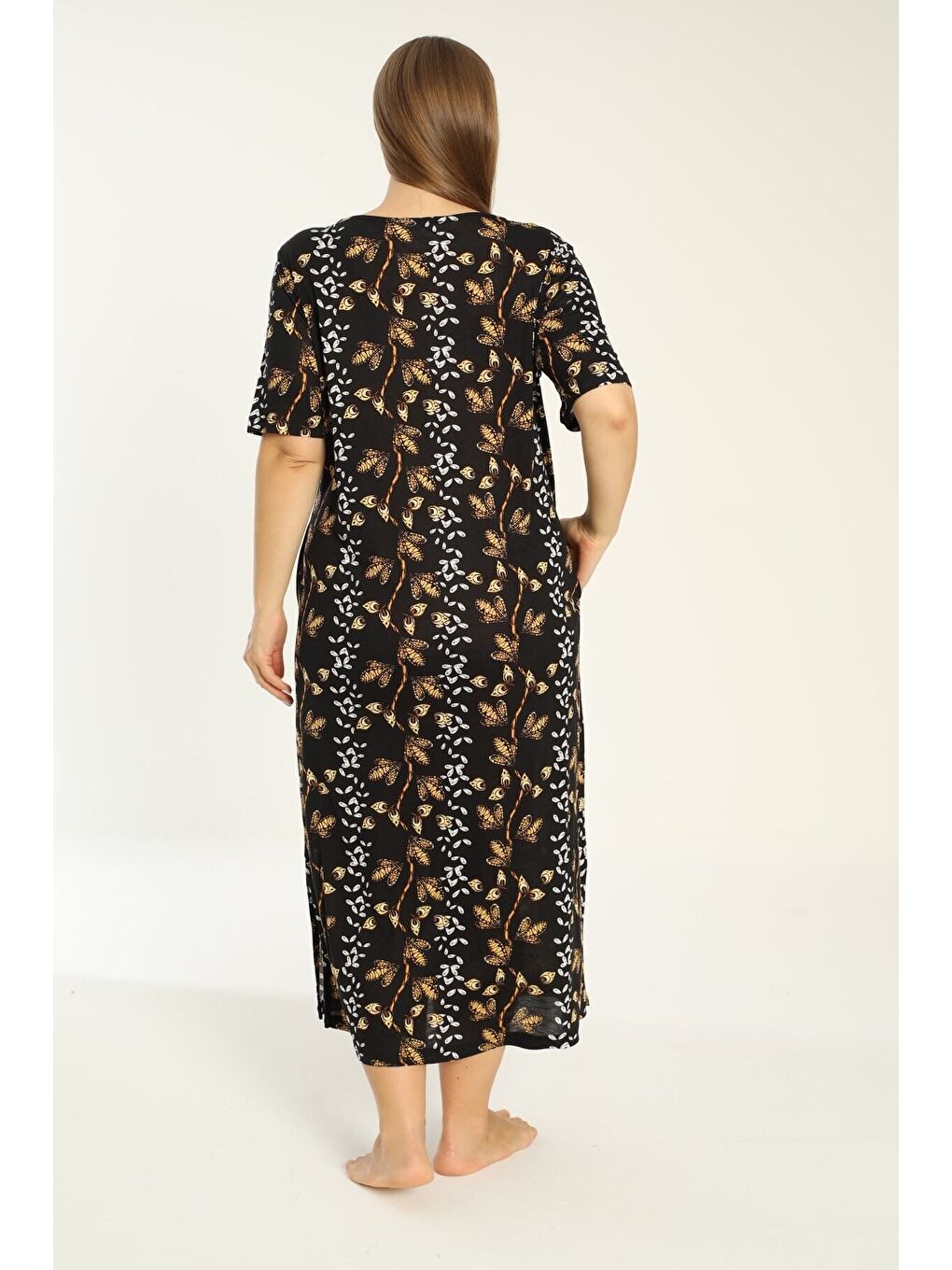 Siyah Desenli Cepli Kısa Kollu Kadın Büyük Beden Elbise-4