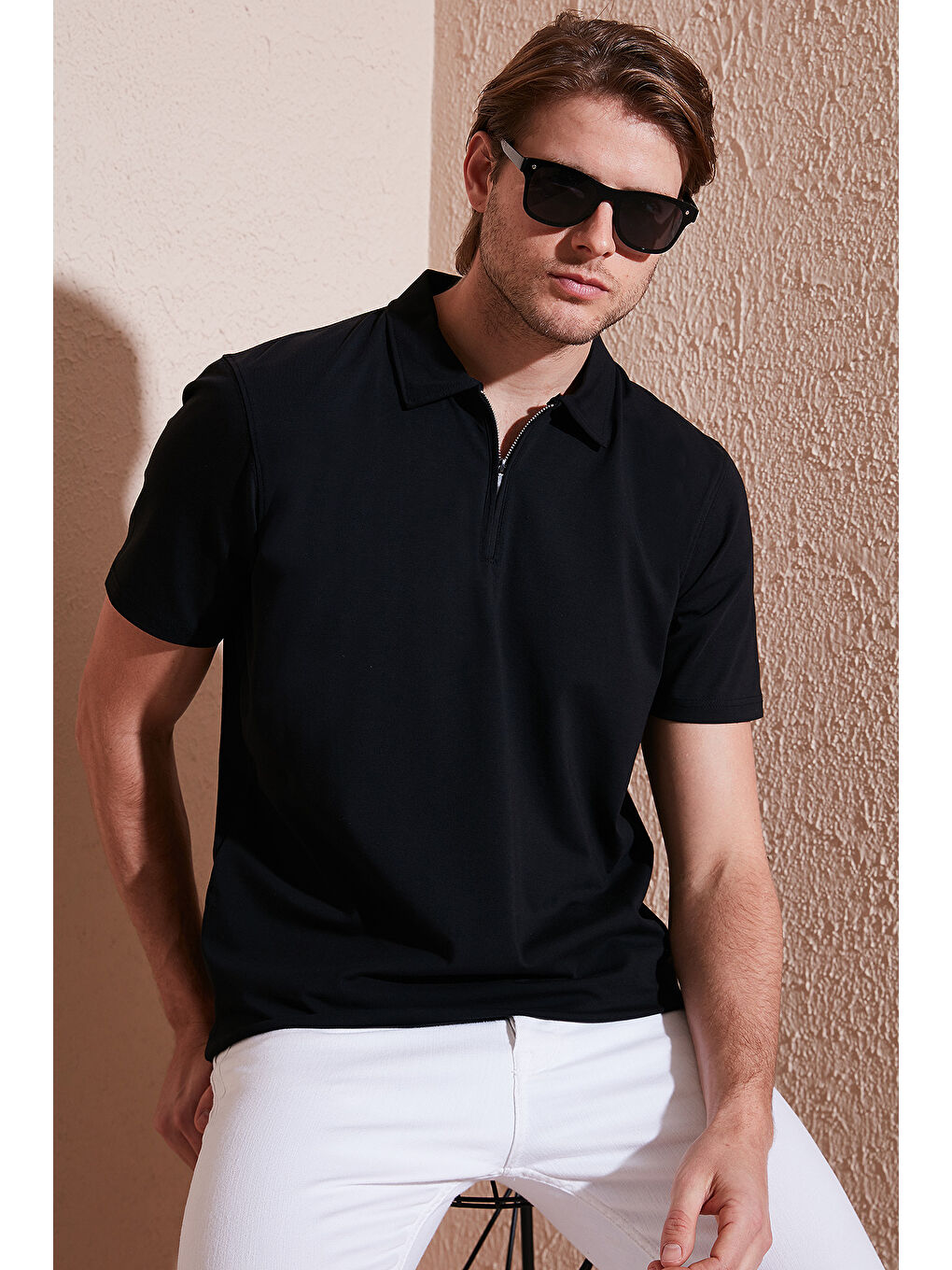 Siyah Pamuklu Regular Fit Yarım Fermuarlı Erkek Polo Yaka Tişört 5902972