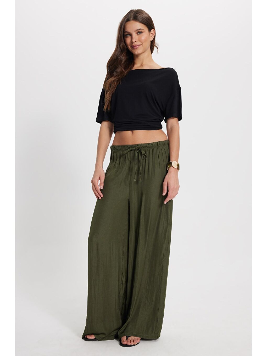 Kadın Relax Fit Rahat Kesim Beli Bağcıklı Lastikli Bol Paça Haki Pantolon-2