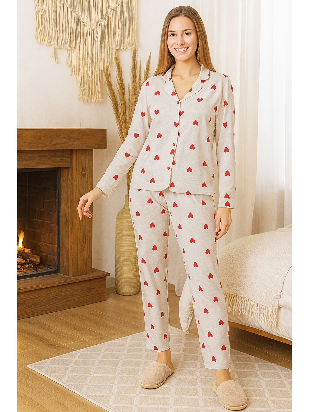 Kadın Kalp Desen Suprem Önü Düğmeli Pijama Takımı 0484 Gri03