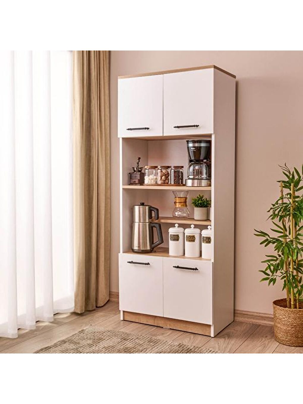 4 Kapaklı Fırın Bölmeli Kiler Dolabı - Beyaz / Safir Meşe-3