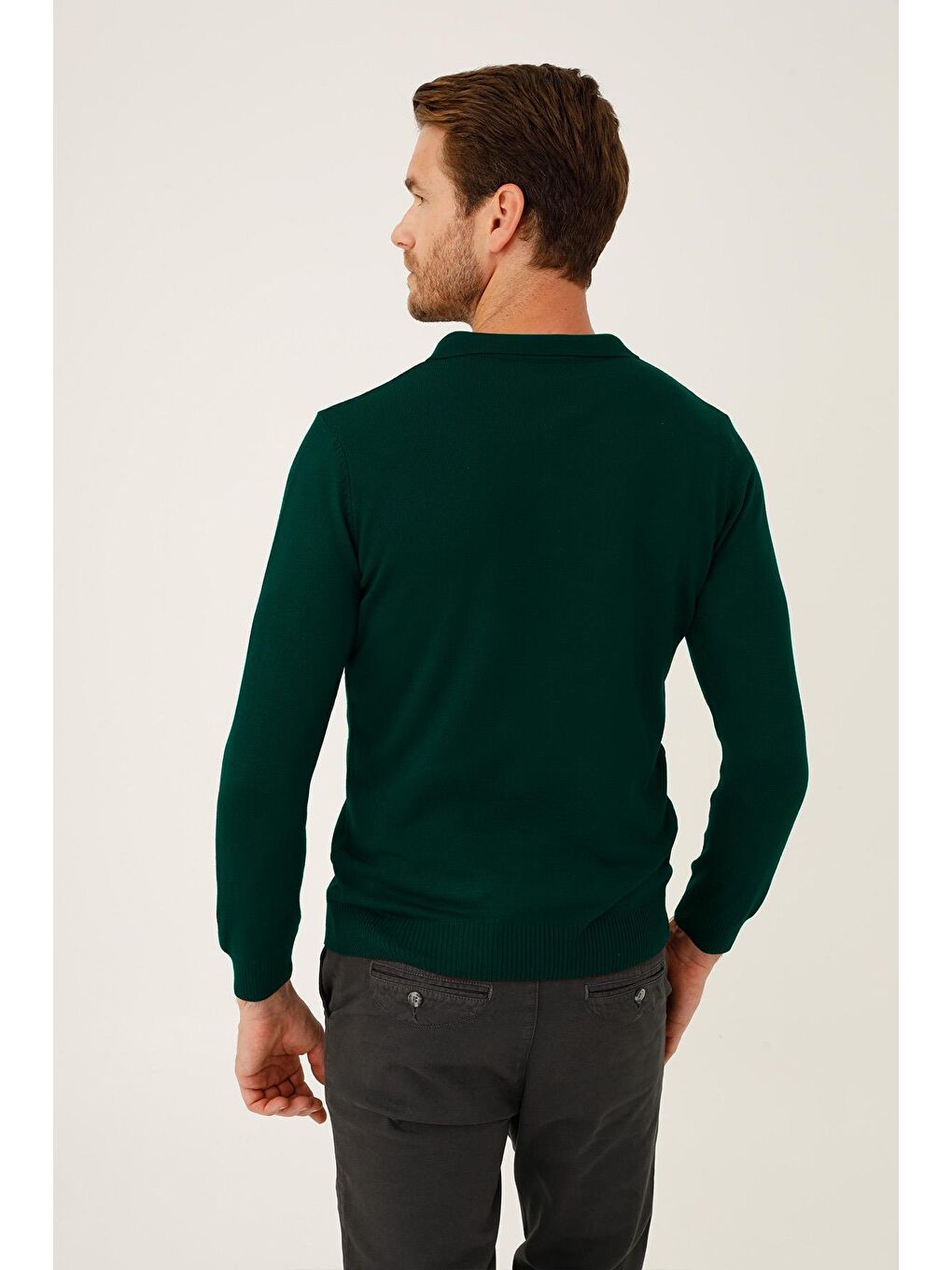 Yeşil Petrol Dar Kalıp Polo Yaka Düz Uzun Kollu Triko-1