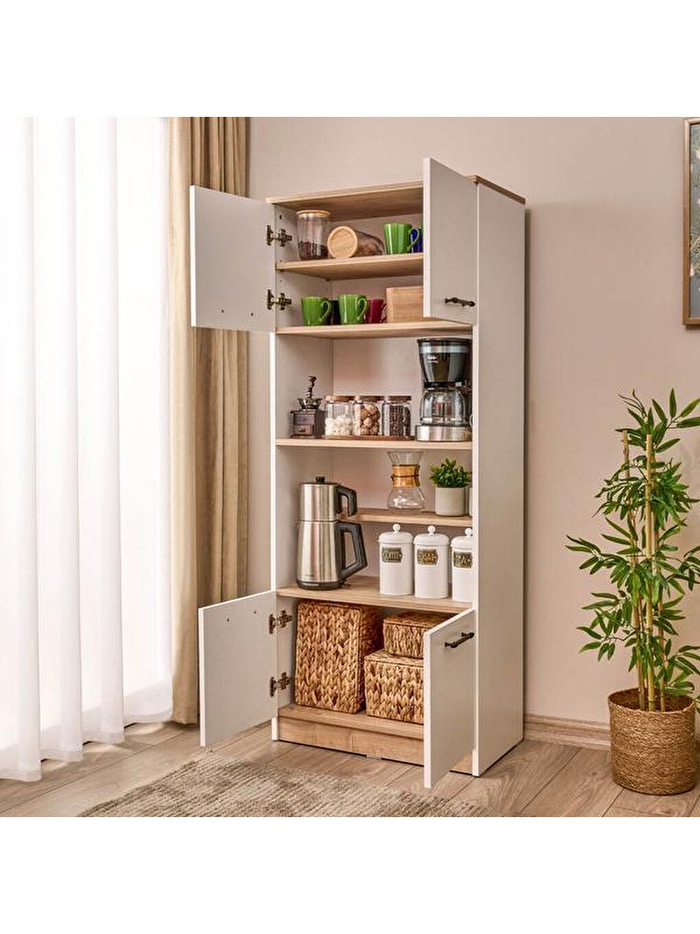 4 Kapaklı Fırın Bölmeli Kiler Dolabı - Beyaz / Safir Meşe-9