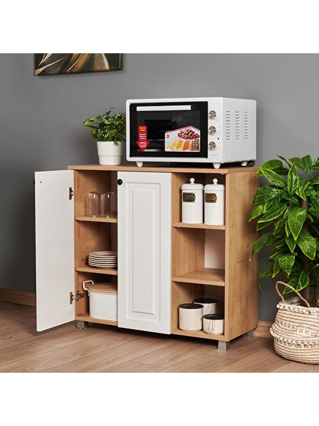 Kahverengi Ares 2 Kapaklı 3 Raflı Çok Amaçlı Dolap - Safir Meşe / Beyaz-1