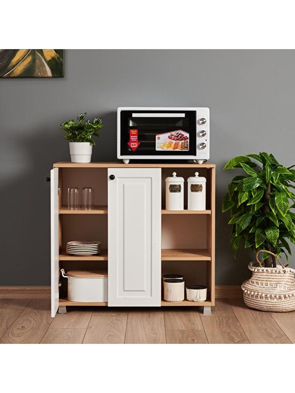 Kahverengi Ares 2 Kapaklı 3 Raflı Çok Amaçlı Dolap - Safir Meşe / Beyaz-6