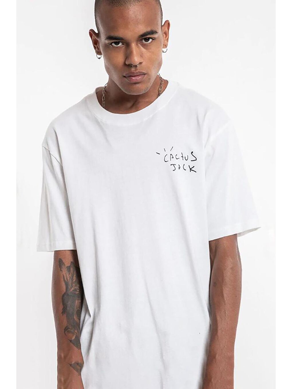 Beyaz Kaktüs Baskılı Bisiklet Yaka Unisex  Tişört