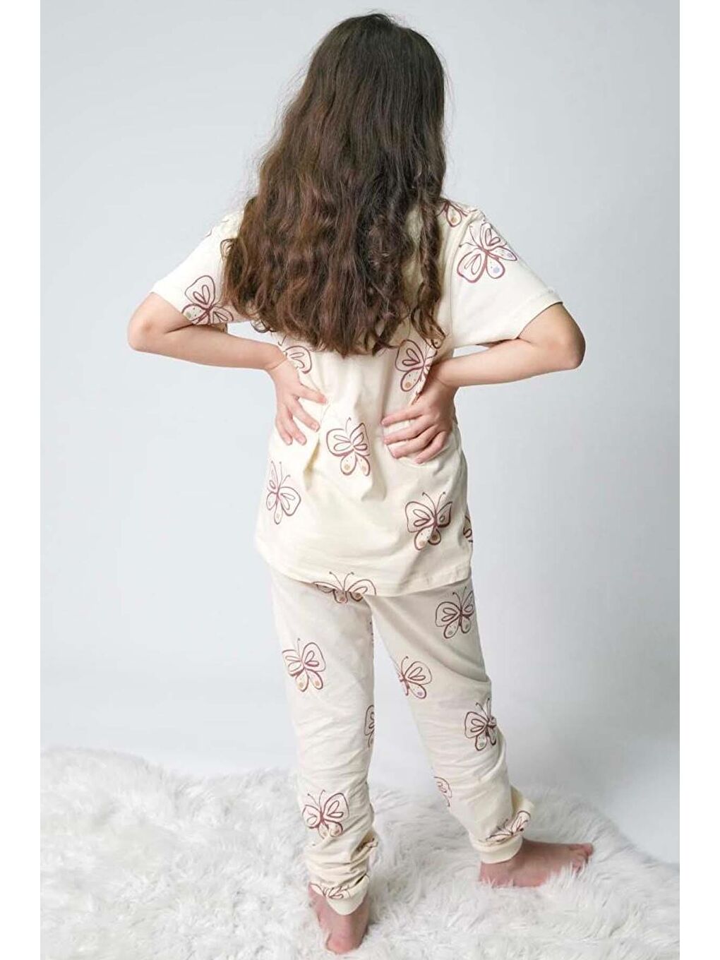 Ekru Kız Çocuk Kelebek Desenli T-Shirt Krem Pijama Takımı 8-14 Yaş-2