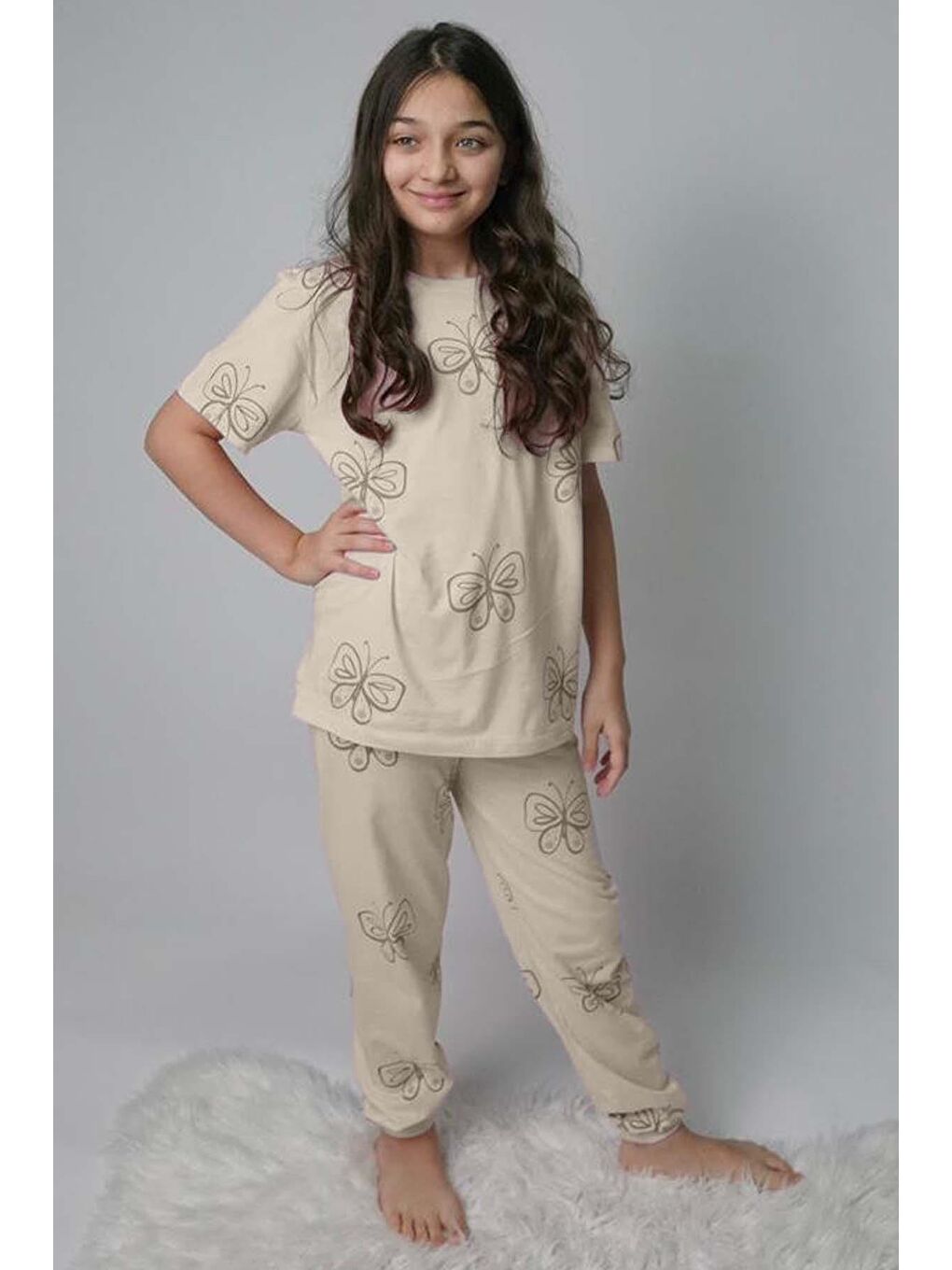 Ekru Kız Çocuk Kelebek Desenli T-Shirt Krem Pijama Takımı 8-14 Yaş-3
