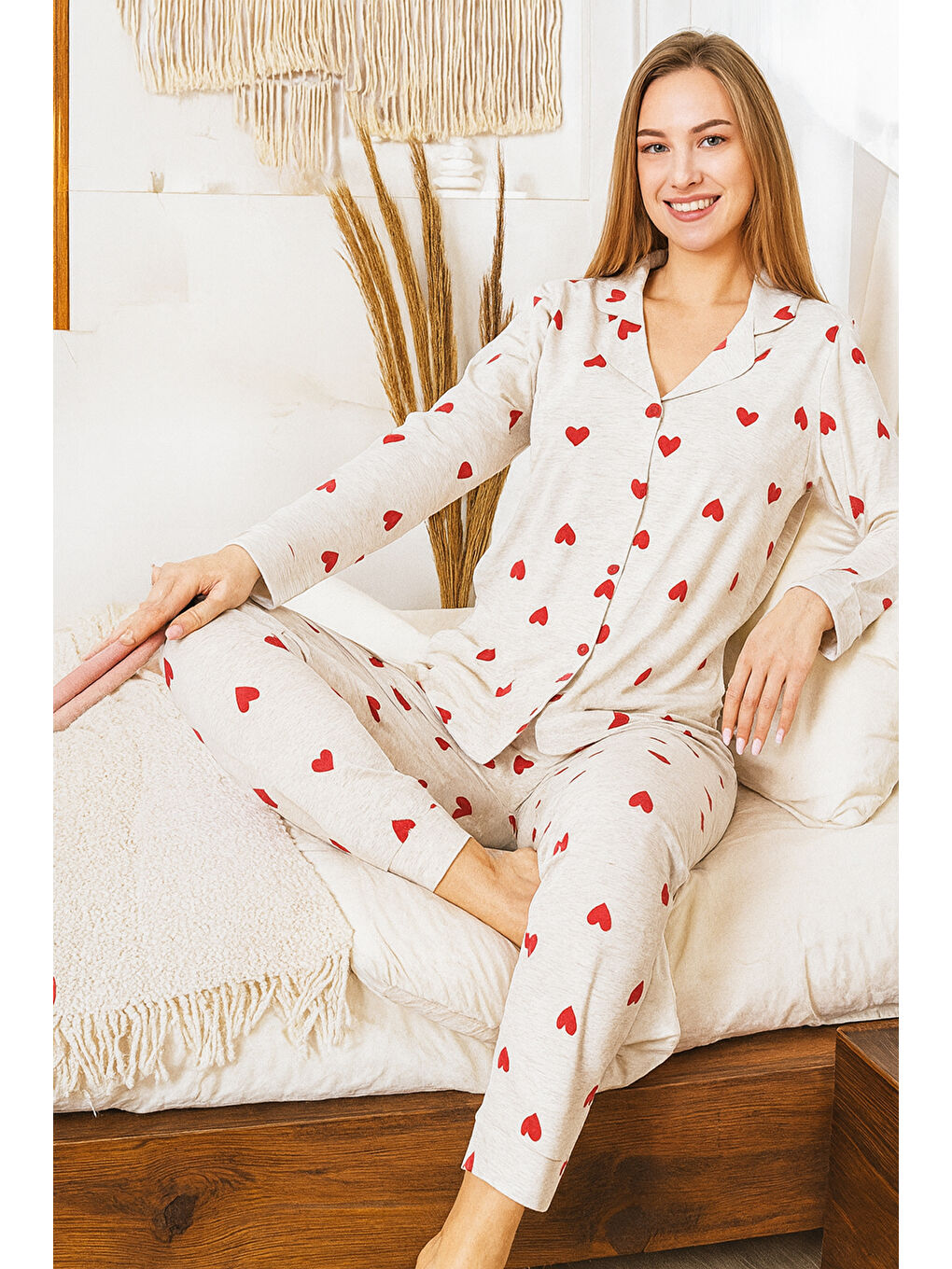 Kadın Kalp Desen Suprem Önü Düğmeli Pijama Takımı 0484 Gri03-3