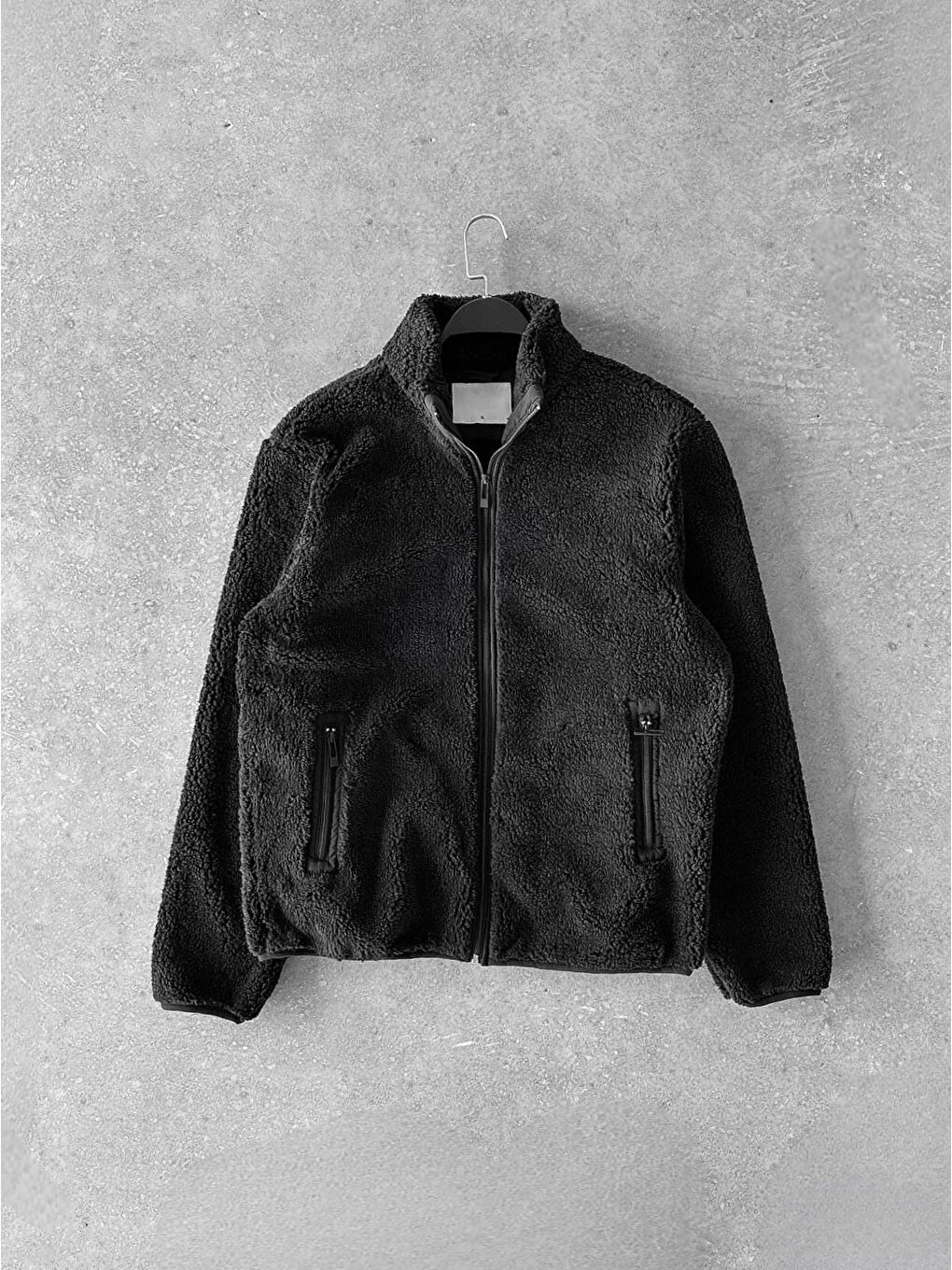 Erkek Rahat Kalıp Dik Yaka Fermuarlı Pelüş Pelüş Yaka Ceket Siyah