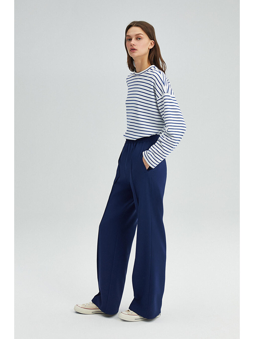 Lacivert Nervürlü Krep Pantolon-2