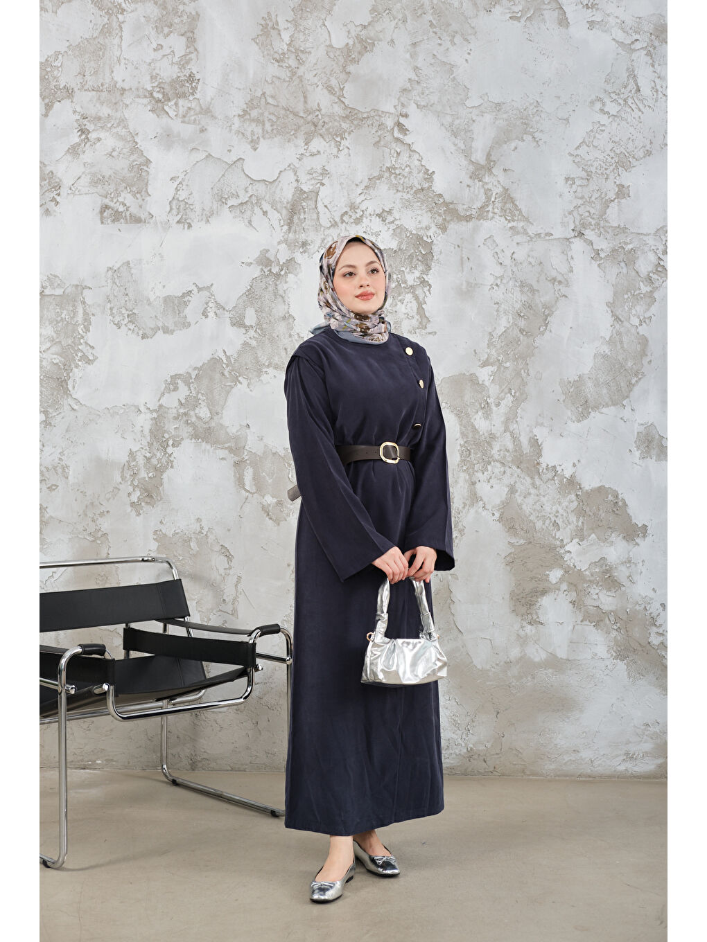 Kadın Kemerli Elbise Lacivert-1