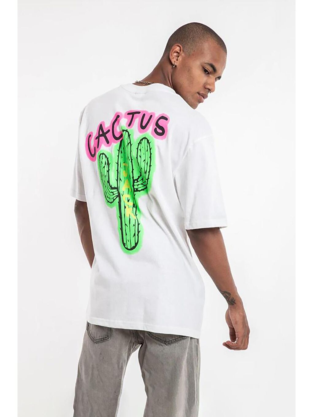 Beyaz Kaktüs Baskılı Bisiklet Yaka Unisex  Tişört-1