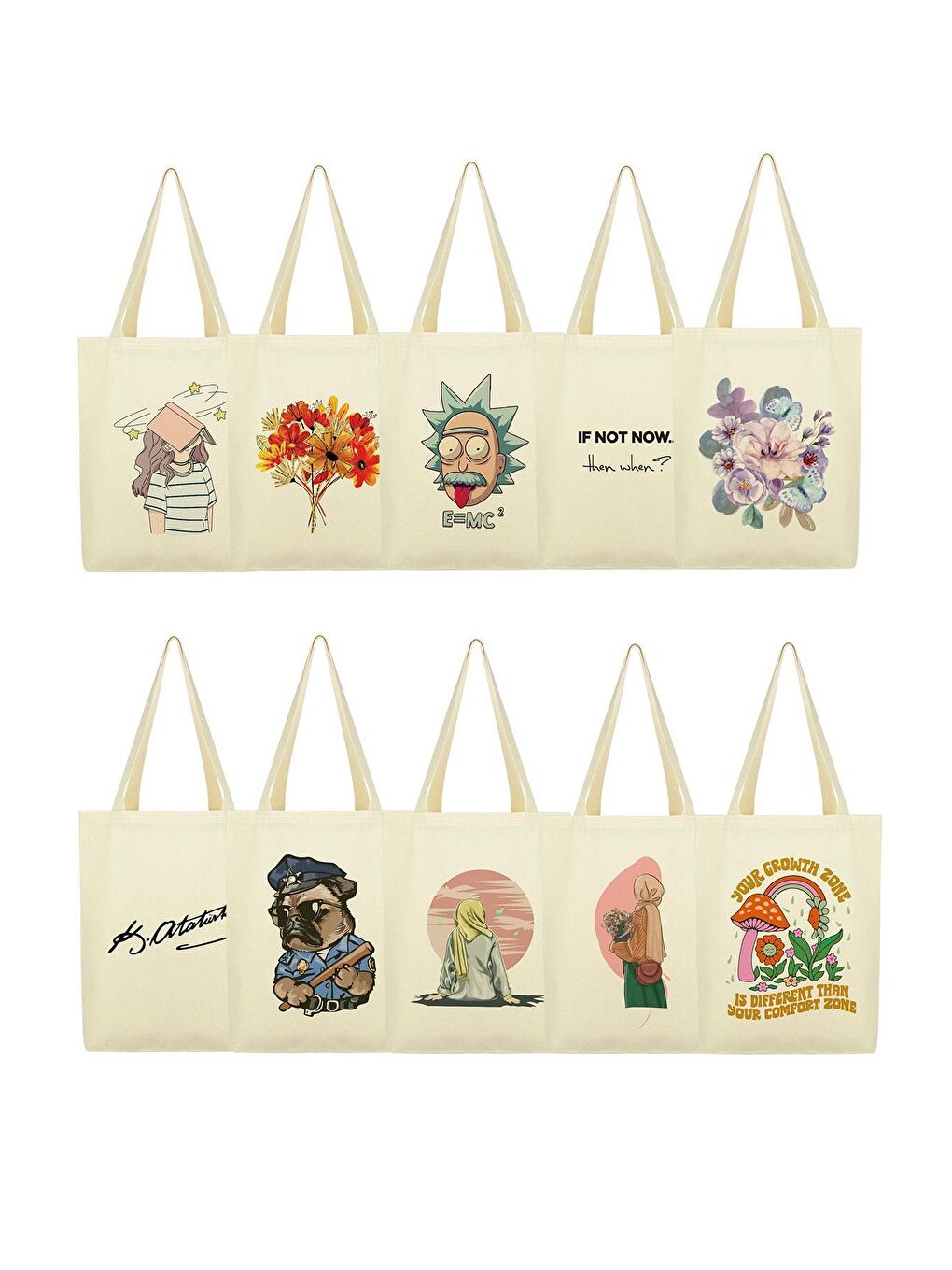 Ekru Baskılı Kanvas Çanta 10'lu Paket