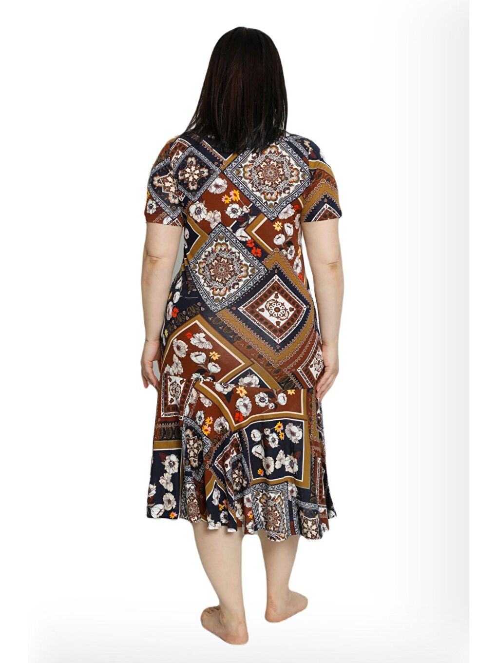 Siyah Kadın Desenli Cepli Kısa Kollu %100 Viskon Büyük Beden Elbise-2