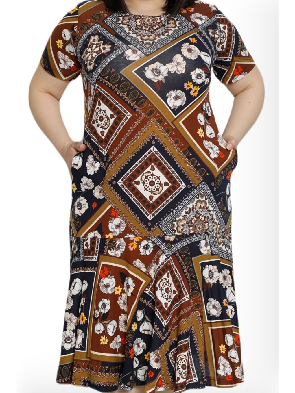 Siyah Kadın Desenli Cepli Kısa Kollu %100 Viskon Büyük Beden Elbise-3