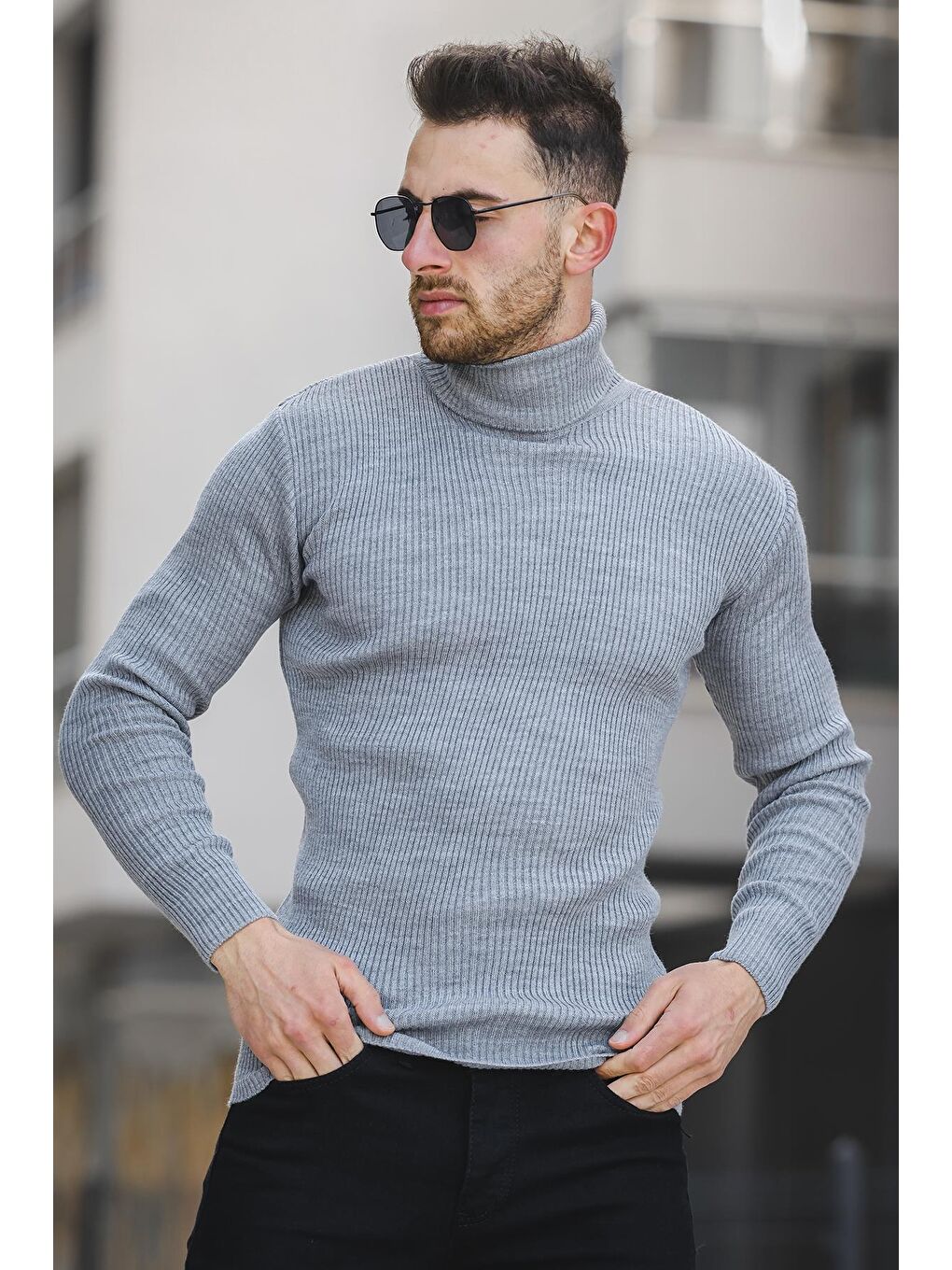 Oksit Gri 813 İnce Fitilli Slim Fit Erkek Boğazlı Kazak - 2